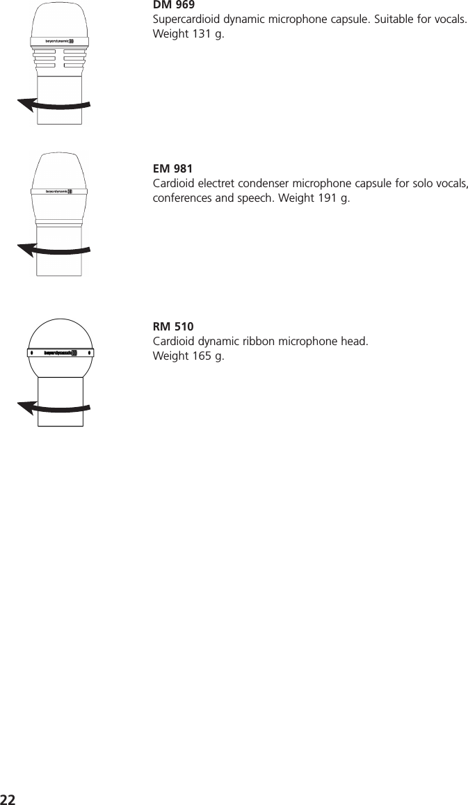 22DM 969Supercardioid dynamic microphone capsule. Suitable for vocals.Weight 131 g.EM 981Cardioid electret condenser microphone capsule for solo vocals, conferences and speech. Weight 191 g.RM 510Cardioid dynamic ribbon microphone head.Weight 165 g.