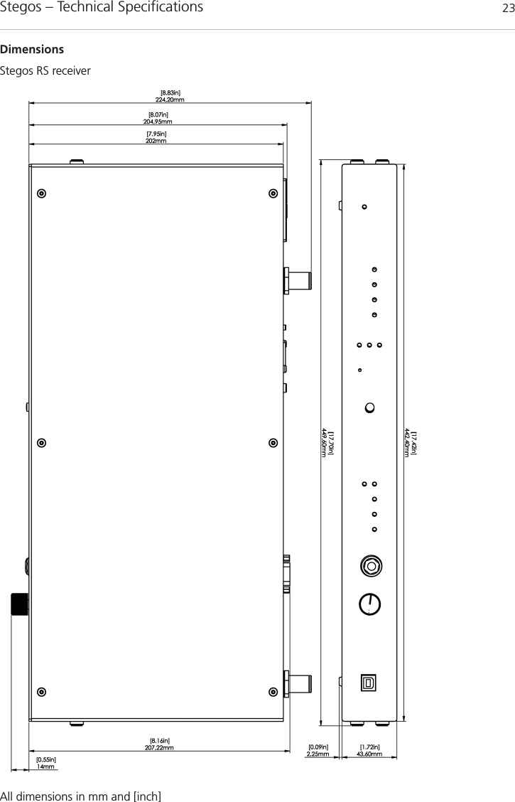 Stegos &ndash; Technical Specifications 23Stegos RS receiverDimensionsAll dimensions in mm and [inch]