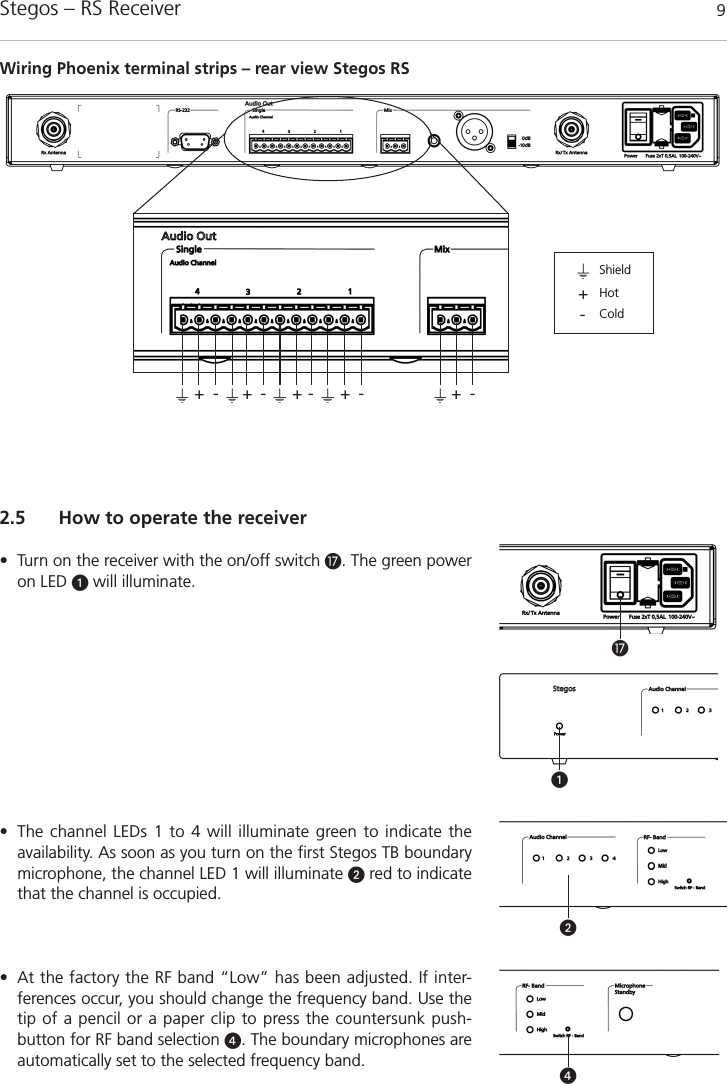 Stegos &ndash; RS Receiver 92.5 How to operate the receiver&bull; Turn on the receiver with the on/off switch Ƽ. The green poweron LED ᕡwill illuminate.&bull; The channel LEDs 1 to 4 will illuminate green to indicate the availability. As soon as you turn on the first Stegos TB boundarymicrophone, the channel LED 1 will illuminate ᕢred to indicatethat the channel is occupied.&bull; At the factory the RF band &ldquo;Low&rdquo; has been adjusted. If inter-ferences occur, you should change the frequency band. Use thetip of a pencil or a paper clip to press the countersunk push-button for RF band selection ᕤ. The boundary microphones areautomatically set to the selected frequency band. ƼᕡᕢᕤWiring Phoenix terminal strips &ndash; rear view Stegos RS+- - - - -+++ +-+ShieldHotCold