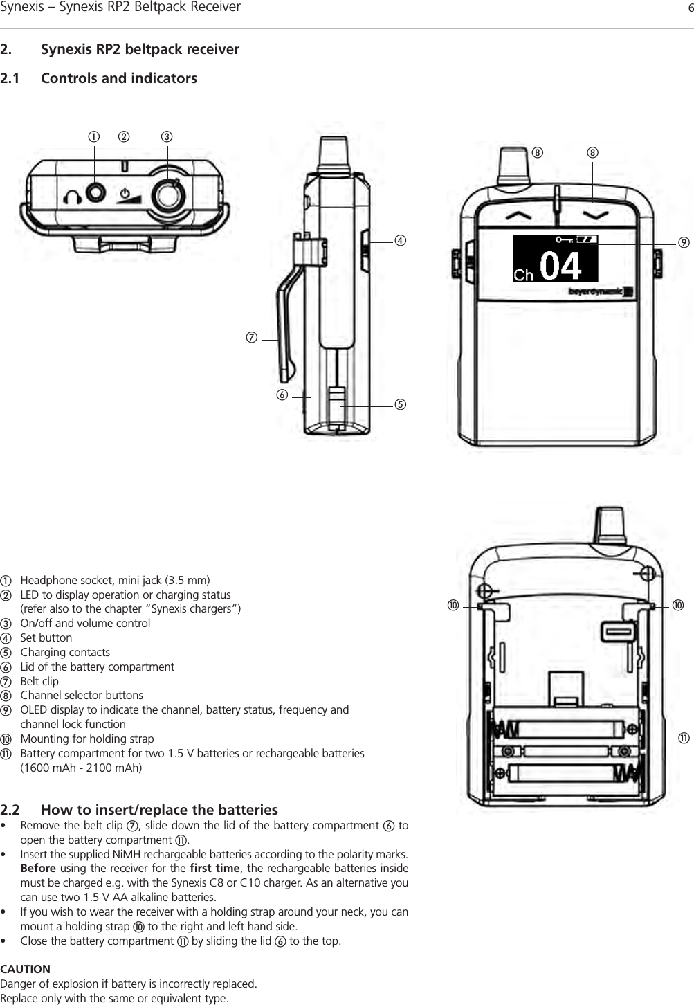 Synexis – Synexis RP2 Beltpack Receiver 62. Synexis RP2 beltpack receiver2.1 Controls and indicatorsቢቩ ቩባ ቤቪቭብቦቧቫ ቫቨቢHeadphone socket, mini jack (3.5 mm) ባLED to display operation or charging status (refer also to the chapter “Synexis chargers”)ቤOn/off and volume control ብSet buttonቦCharging contactsቧLid of the battery compartmentቨBelt clipቩChannel selector buttonsቪOLED display to indicate the channel, battery status, frequency and channel lock functionቫMounting for holding strapቭBattery compartment for two 1.5 V batteries or rechargeable batteries (1600 mAh - 2100 mAh)2.2 How to insert/replace the batteries• Remove the belt clip ቨ, slide down the lid of the battery compartment ቧ toopen the battery compartment ቭ.• Insert the supplied NiMH rechargeable batteries according to the polarity marks.Before using the receiver for the first time, the rechargeable batteries insidemust be charged e.g. with the Synexis C8 or C10 charger. As an alternative youcan use two 1.5 V AA alkaline batteries.• If you wish to wear the receiver with a holding strap around your neck, you canmount a holding strap ቫto the right and left hand side. • Close the battery compartment ቭ by sliding the lid ቧ to the top.CAUTIONDanger of explosion if battery is incorrectly replaced.Replace only with the same or equivalent type.