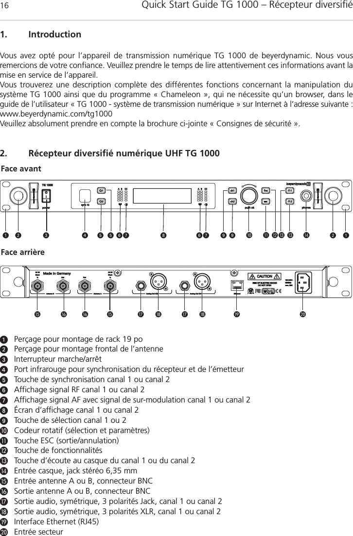 Quick Start Guide TG 1000 &ndash; R&eacute;cepteur diversifi&eacute;161. IntroductionVous avez opt&eacute; pour l&rsquo;appareil de transmission num&eacute;rique TG 1000 de beyerdynamic. Nous vous remercions de votre confiance. Veuillez prendre le temps de lire attentivement ces informations avant lamise en service de l&rsquo;appareil.Vous trouverez une description compl&egrave;te des diff&eacute;rentes fonctions concernant la manipulation du syst&egrave;me TG 1000 ainsi que du programme &laquo; Chameleon &raquo;, qui ne n&eacute;cessite qu&rsquo;un browser, dans leguide de l&rsquo;utilisateur &laquo; TG 1000 - syst&egrave;me de transmission num&eacute;rique &raquo; sur Internet &agrave; l&rsquo;adresse suivante :www.beyerdynamic.com/tg1000Veuillez absolument prendre en compte la brochure ci-jointe &laquo; Consignes de s&eacute;curit&eacute; &raquo;.2. R&eacute;cepteur diversifi&eacute; num&eacute;rique UHF TG 1000Per&ccedil;age pour montage de rack 19 po Per&ccedil;age pour montage frontal de l&rsquo;antenneInterrupteur marche/arr&ecirc;t  Port infrarouge pour synchronisation du r&eacute;cepteur et de l&rsquo;&eacute;metteurTouche de synchronisation canal 1 ou canal 2Affichage signal RF canal 1 ou canal 2Affichage signal AF avec signal de sur-modulation canal 1 ou canal 2 &Eacute;cran d&rsquo;affichage canal 1 ou canal 2Touche de s&eacute;lection canal 1 ou 2Codeur rotatif (s&eacute;lection et param&egrave;tres) Touche ESC (sortie/annulation)Touche de fonctionnalit&eacute;sTouche d&rsquo;&eacute;coute au casque du canal 1 ou du canal 2Entr&eacute;e casque, jack st&eacute;r&eacute;o 6,35 mmEntr&eacute;e antenne A ou B, connecteur BNCSortie antenne A ou B, connecteur BNCSortie audio, sym&eacute;trique, 3 polarit&eacute;s Jack, canal 1 ou canal 2 Sortie audio, sym&eacute;trique, 3 polarit&eacute;s XLR, canal 1 ou canal 2Interface Ethernet (RJ45)Entr&eacute;e secteurFace avantFace arri&egrave;re                