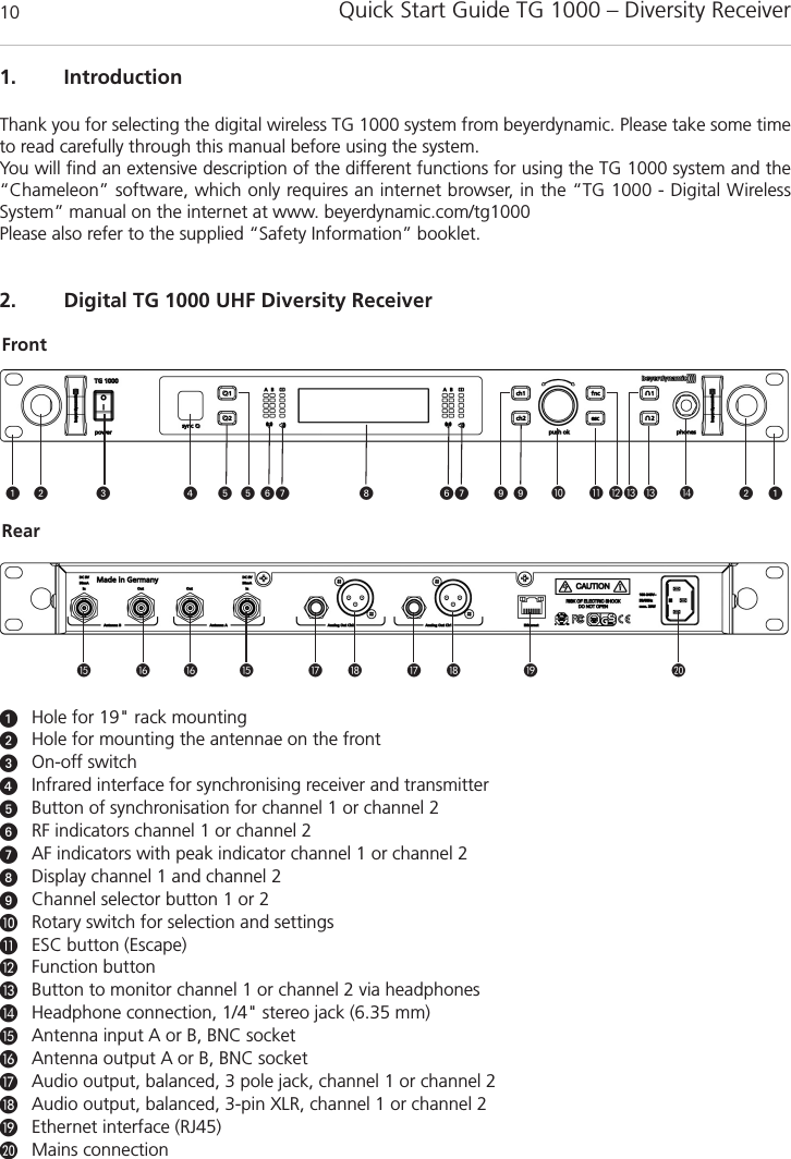 Quick Start Guide TG 1000 – Diversity Receiver101. IntroductionThank you for selecting the digital wireless TG 1000 system from beyerdynamic. Please take some timeto read carefully through this manual before using the system.You will find an extensive description of the different functions for using the TG 1000 system and the“Chameleon” software, which only requires an internet browser, in the “TG 1000 - Digital Wireless System” manual on the internet at www. beyerdynamic.com/tg1000Please also refer to the supplied “Safety Information” booklet. 2. Digital TG 1000 UHF Diversity ReceiverHole for 19&quot; rack mounting Hole for mounting the antennae on the front On-off switch  Infrared interface for synchronising receiver and transmitterButton of synchronisation for channel 1 or channel 2RF indicators channel 1 or channel 2AF indicators with peak indicator channel 1 or channel 2 Display channel 1 and channel 2Channel selector button 1 or 2Rotary switch for selection and settings ESC button (Escape)Function buttonButton to monitor channel 1 or channel 2 via headphonesHeadphone connection, 1/4&quot; stereo jack (6.35 mm)Antenna input A or B, BNC socketAntenna output A or B, BNC socketAudio output, balanced, 3 pole jack, channel 1 or channel 2 Audio output, balanced, 3-pin XLR, channel 1 or channel 2Ethernet interface (RJ45)Mains connectionFrontRear                