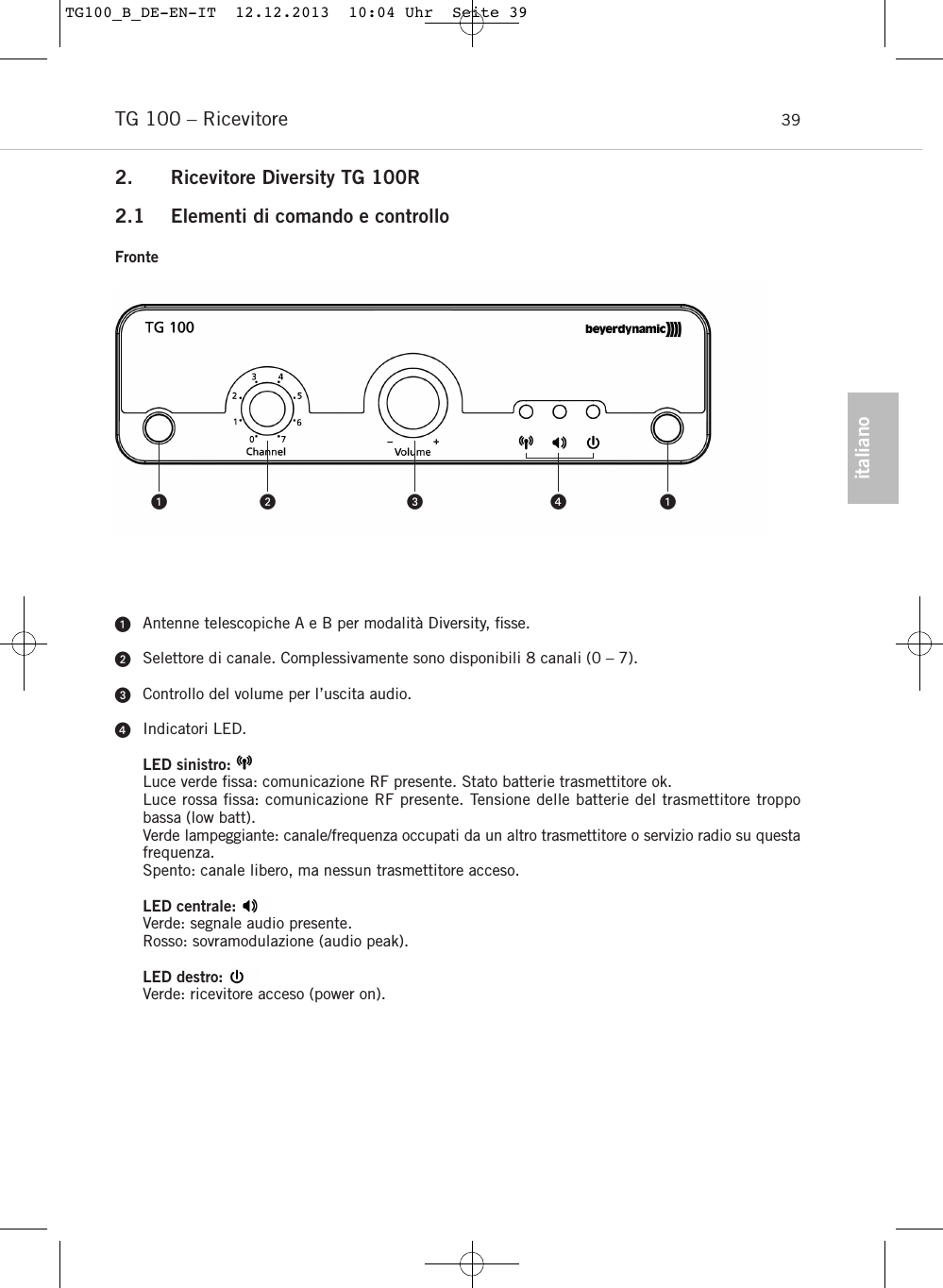 italianoTG 100 &ndash; Ricevitore 392. Ricevitore Diversity TG 100R2.1 Elementi di comando e controlloFronteAntenne telescopiche A e B per modalit&agrave; Diversity, ﬁsse.Selettore di canale. Complessivamente sono disponibili 8 canali (0 &ndash; 7).Controllo del volume per l&rsquo;uscita audio.Indicatori LED.LED sinistro:Luce verde ﬁssa: comunicazione RF presente. Stato batterie trasmettitore ok.Luce rossa ﬁssa: comunicazione RF presente. Tensione delle batterie del trasmettitore troppobassa (low batt).Verde lampeggiante: canale/frequenza occupati da un altro trasmettitore o servizio radio su questafrequenza.Spento: canale libero, ma nessun trasmettitore acceso.LED centrale:Verde: segnale audio presente.Rosso: sovramodulazione (audio peak).LED destro:Verde: ricevitore acceso (power on).   TG100_B_DE-EN-IT  12.12.2013  10:04 Uhr  Seite 39