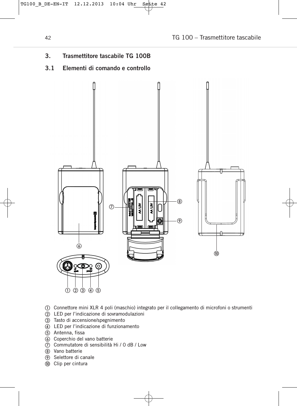 TG 100 &ndash; Trasmettitore tascabile 423. Trasmettitore tascabile TG 100B3.1 Elementi di comando e controlloConnettore mini XLR 4 poli (maschio) integrato per il collegamento di microfoni o strumentiLED per l&rsquo;indicazione di sovramodulazioniTasto di accensione/spegnimento  LED per l&rsquo;indicazione di funzionamento  Antenna, fissaCoperchio del vano batterieCommutatore di sensibilit&agrave; Hi / 0 dB / LowVano batterieSelettore di canaleClip per cinturaTG100_B_DE-EN-IT  12.12.2013  10:04 Uhr  Seite 42