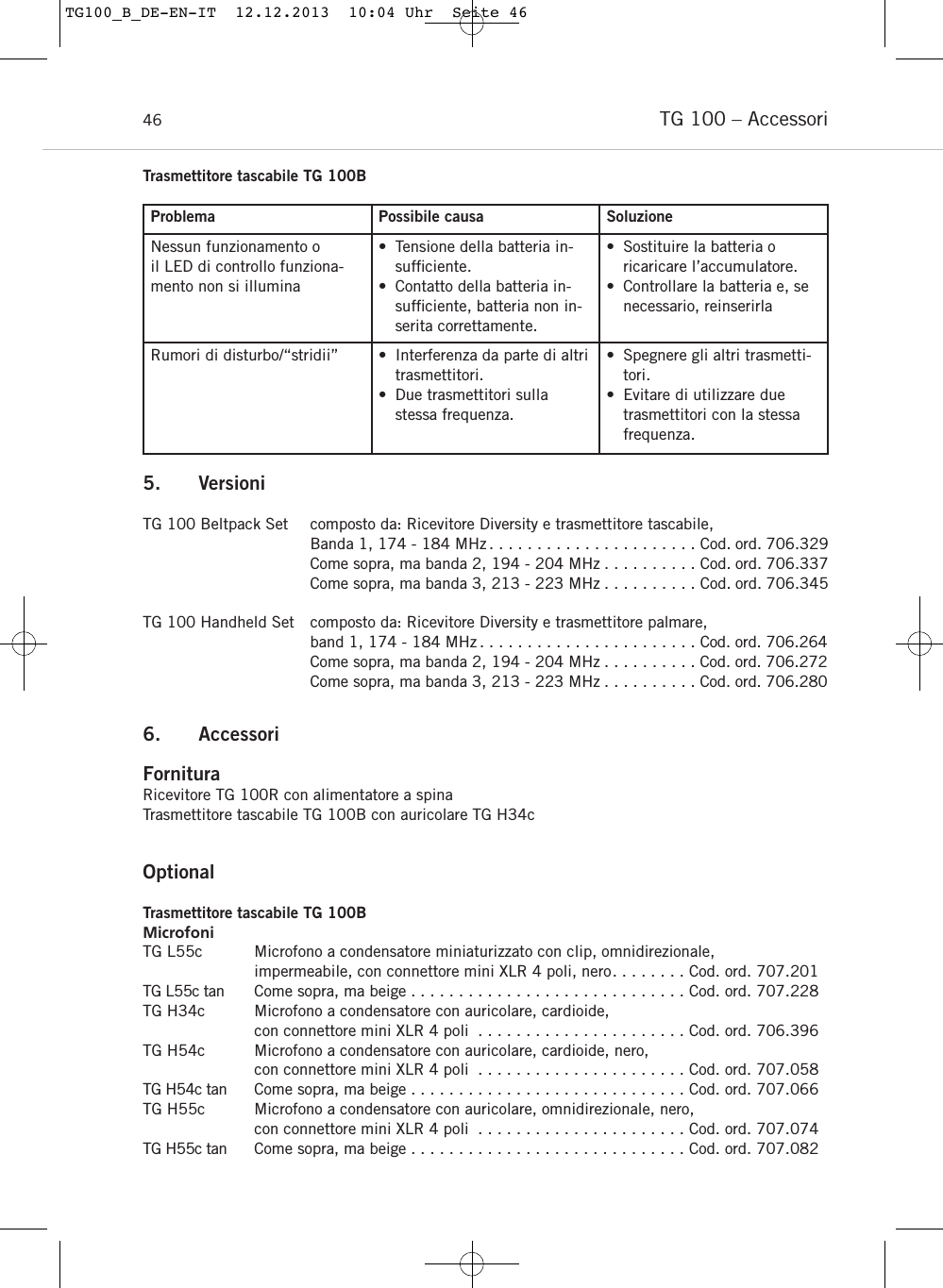 TG 100 &ndash; Accessori46Trasmettitore tascabile TG 100B5. VersioniTG 100 Beltpack Set composto da: Ricevitore Diversity e trasmettitore tascabile, Banda 1, 174 - 184 MHz . . . . . . . . . . . . . . . . . . . . . . Cod. ord. 706.329Come sopra, ma banda 2, 194 - 204 MHz . . . . . . . . . . Cod. ord. 706.337Come sopra, ma banda 3, 213 - 223 MHz . . . . . . . . . . Cod. ord. 706.345TG 100 Handheld Set composto da: Ricevitore Diversity e trasmettitore palmare, band 1, 174 - 184 MHz . . . . . . . . . . . . . . . . . . . . . . . Cod. ord. 706.264Come sopra, ma banda 2, 194 - 204 MHz . . . . . . . . . . Cod. ord. 706.272Come sopra, ma banda 3, 213 - 223 MHz . . . . . . . . . . Cod. ord. 706.2806. Accessori FornituraRicevitore TG 100R con alimentatore a spina  Trasmettitore tascabile TG 100B con auricolare TG H34cOptionalTrasmettitore tascabile TG 100BMicrofoniTG L55c Microfono a condensatore miniaturizzato con clip, omnidirezionale, impermeabile, con connettore mini XLR 4 poli, nero. . . . . . . . Cod. ord. 707.201TG L55c tan Come sopra, ma beige . . . . . . . . . . . . . . . . . . . . . . . . . . . . . Cod. ord. 707.228TG H34c Microfono a condensatore con auricolare, cardioide, con connettore mini XLR 4 poli . . . . . . . . . . . . . . . . . . . . . . Cod. ord. 706.396TG H54c Microfono a condensatore con auricolare, cardioide, nero, con connettore mini XLR 4 poli . . . . . . . . . . . . . . . . . . . . . . Cod. ord. 707.058TG H54c tan Come sopra, ma beige . . . . . . . . . . . . . . . . . . . . . . . . . . . . . Cod. ord. 707.066TG H55c Microfono a condensatore con auricolare, omnidirezionale, nero, con connettore mini XLR 4 poli . . . . . . . . . . . . . . . . . . . . . . Cod. ord. 707.074TG H55c tan Come sopra, ma beige . . . . . . . . . . . . . . . . . . . . . . . . . . . . . Cod. ord. 707.082Problema Possibile causa SoluzioneNessun funzionamento o il LED di controllo funziona-mento non si illumina&bull; Tensione della batteria in-sufﬁciente.&bull; Contatto della batteria in-sufﬁciente, batteria non in-serita correttamente.&bull; Sostituire la batteria o ricaricare l&rsquo;accumulatore.&bull; Controllare la batteria e, senecessario, reinserirlaRumori di disturbo/&ldquo;stridii&rdquo; &bull; Interferenza da parte di altritrasmettitori.&bull; Due trasmettitori sullastessa frequenza.&bull; Spegnere gli altri trasmetti-tori.&bull; Evitare di utilizzare duetrasmettitori con la stessafrequenza.TG100_B_DE-EN-IT  12.12.2013  10:04 Uhr  Seite 46