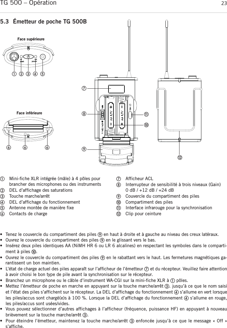 françaisTG 500 – Opération  235.3 Émetteur de poche TG 500BMini-fiche XLR intégrée (mâle) à 4 pôles pourbrancher des microphones ou des instrumentsDEL d’affichage des saturationsTouche marche/arrêtDEL d’affichage du fonctionnementAntenne montée de manière fixeContacts de chargeAfficheur ACLInterrupteur de sensibilité à trois niveaux (Gain)0 dB / +12 dB / +24 dBCouvercle du compartiment des pilesCompartiment des pilesInterface infrarouge pour la synchronisationClip pour ceinture• Tenez le couvercle du compartiment des piles en haut à droite et à gauche au niveau des creux latéraux.• Ouvrez le couvercle du compartiment des piles en le glissant vers le bas.• Insérez deux piles identiques AA (NiMH HR 6 ou LR 6 alcalines) en respectant les symboles dans le comparti-ment à piles .• Ouvrez le couvercle du compartiment des piles en le rabattant vers le haut. Les fermetures magnétiques ga-rantissent un bon maintien.• L’état de charge actuel des piles apparaît sur l’afficheur de l’émetteur et du récepteur. Veuillez faire attentionà avoir choisi le bon type de pile avant la synchronisation sur le récepteur.• Branchez un microphone ou le câble d’instrument WA-CGI sur la mini-fiche XLR à pôles.• Mettez l’émetteur de poche en marche en appuyant sur la touche marche/arrêt . jusqu’à ce que le nom saisiet l’état des piles s’affichent sur le récepteur. La DEL d’affichage du fonctionnement s’allume en vert lorsqueles piles/accus sont chargé(e)s à 100 %. Lorsque la DEL d’affichage du fonctionnement s’allume en rouge,les piles/accus sont usées/vides.• Vous pouvez sélectionner d’autres affichages à l’afficheur (fréquence, puissance HF) en appuyant à nouveau brièvement sur la touche marche/arrêt . • Pour éteindre l’émetteur, maintenez la touche marche/arrêt enfoncée jusqu’à ce que le message « Off » s’affiche.   Face supérieureFace inférieure