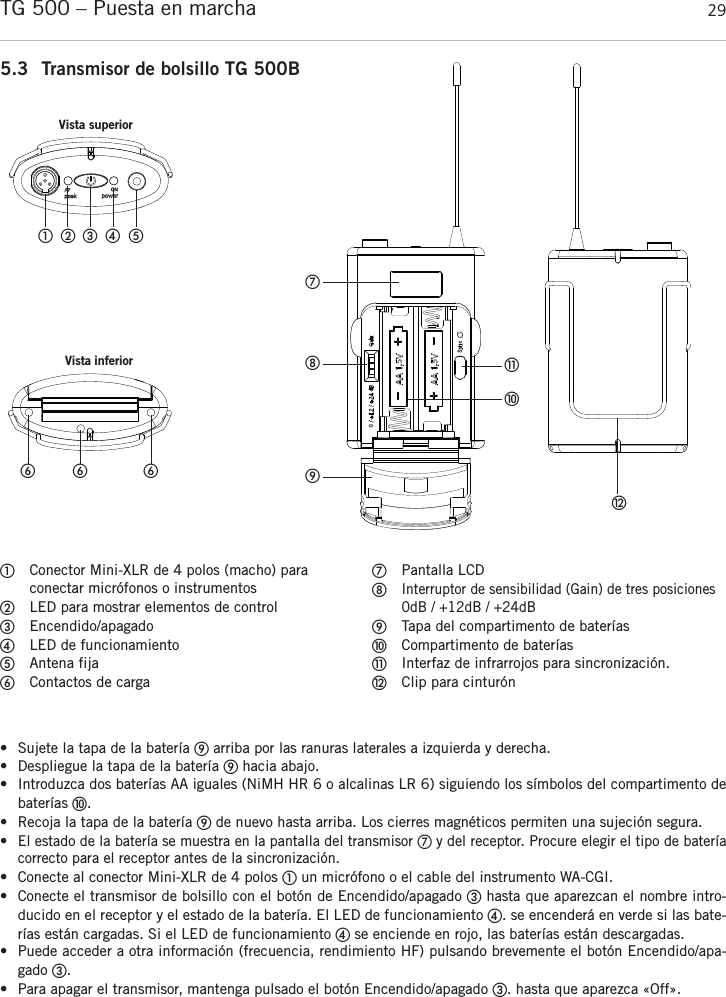 españolTG 500 – Puesta en marcha  295.3 Transmisor de bolsillo TG 500BConector Mini-XLR de 4 polos (macho) para conectar micrófonos o instrumentosLED para mostrar elementos de controlEncendido/apagadoLED de funcionamientoAntena fijaContactos de cargaPantalla LCDInterruptor de sensibilidad (Gain) de tres posiciones0dB / +12dB / +24dBTapa del compartimento de bateríasCompartimento de bateríasInterfaz de infrarrojos para sincronización.Clip para cinturón• Sujete la tapa de la batería arriba por las ranuras laterales a izquierda y derecha.• Despliegue la tapa de la batería hacia abajo.• Introduzca dos baterías AA iguales (NiMH HR 6 o alcalinas LR 6) siguiendo los símbolos del compartimento debaterías .• Recoja la tapa de la batería de nuevo hasta arriba. Los cierres magnéticos permiten una sujeción segura.•El estado de la batería se muestra en la pantalla del transmisor y del receptor. Procure elegir el tipo de bateríacorrecto para el receptor antes de la sincronización.• Conecte al conector Mini-XLR de 4 polos un micrófono o el cable del instrumento WA-CGI.• Conecte el transmisor de bolsillo con el botón de Encendido/apagado hasta que aparezcan el nombre intro-ducido en el receptor y el estado de la batería. El LED de funcionamiento . se encenderá en verde si las bate-rías están cargadas. Si el LED de funcionamiento se enciende en rojo, las baterías están descargadas.• Puede acceder a otra información (frecuencia, rendimiento HF) pulsando brevemente el botón Encendido/apa-gado . • Para apagar el transmisor, mantenga pulsado el botón Encendido/apagado . hasta que aparezca «Off».   Vista superiorVista inferior