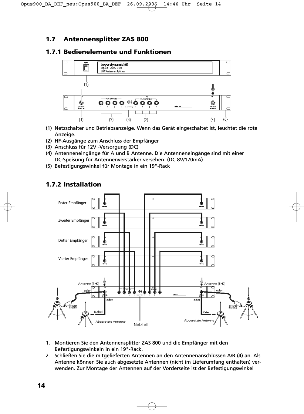 141.7 Antennensplitter ZAS 8001.7.1 Bedienelemente und Funktionen(1) Netzschalter und Betriebsanzeige. Wenn das Gerät eingeschaltet ist, leuchtet die roteAnzeige.(2) HF-Ausgänge zum Anschluss der Empfänger(3) Anschluss für 12V -Versorgung (DC)(4) Antenneneingänge für A und B Antenne. Die Antenneneingänge sind mit einer DC-Speisung für Antennenverstärker versehen. (DC 8V/170mA)(5) Befestigungswinkel für Montage in ein 19&quot;-Rack1.7.2 Installation1. Montieren Sie den Antennensplitter ZAS 800 und die Empfänger mit denBefestigungswinkeln in ein 19&quot;-Rack.2. Schließen Sie die mitgelieferten Antennen an den Antennenanschlüssen A/B (4) an. AlsAntenne können Sie auch abgesetzte Antennen (nicht im Lieferumfang enthalten) ver-wenden. Zur Montage der Antennen auf der Vorderseite ist der Befestigungswinkel Erster EmpfängerZweiter EmpfängerDritter EmpfängerVierter EmpfängerOpus900_BA_DEF_neu:Opus900_BA_DEF  26.09.2006  14:46 Uhr  Seite 14