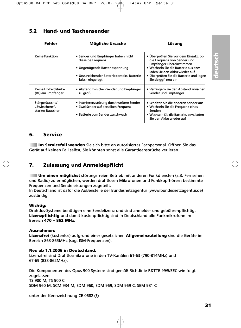 deutsch315.2 Hand- und Taschensender • Sender und Empfänger haben nichtdieselbe Frequenz• Ungenügende   Batterie  spannung•Unzureichender Batteriekontakt, Batterie falsch eingelegt• Überprüfen Sie vor dem Einsatz, obdie Frequenz von Sender und Empfänger übereinstimmen• Wechseln Sie die Batterie aus bzw. laden Sie denAkku wieder auf•Überprüfen Sie die Batterie und legenSie sie ggf. neu ein•Abstand zwischen Senderund Empfängerzu groß• Verringern Sie den Abstand zwischenSender und EmpfängerKeine HF-Feldstärke(RF) am Empfänger•Interferenzstörung durch weitere Sender• Zwei Sender auf derselbenFrequenz• Batterie vom Sender zu schwach• Schalten Sie die anderen Sender aus• Wechseln Sie die Frequenz einesSenders• Wechseln Sie die Batterie, bzw. laden Sie den Akku wieder aufStörgeräusche/„Zwitschern“,starkes RauschenKeine FunktionFehler Mögliche Ursache Lösung6. ServiceIm Servicefall wenden Sie sich bitte an autorisiertes Fach personal. Öffnen Sie dasGerät auf keinen Fall selbst, Sie könnten sonst alle Garantieansprüche verlieren.7. Zulassung und AnmeldepflichtUm einen möglichst störungsfreien Betrieb mit anderen Funkdiensten (z.B. Fernsehenund Radio) zu ermöglichen, werden drahtlosen Mikrofonen und Funkkopf hörern bestimmteFrequenzen und Sendeleistungen zugeteilt. In Deutschland ist dafür die Außenstelle der Bundesnetzagentur (www.bundesnetzagentur.de)zuständig. Wichtig:Drahtlos-Systeme benötigen eine Sendelizenz und sind anmelde- und gebührenpflichtig.Lizenzpflichtig und damit kostenpflichtig sind in Deutschland alle Funkmikrofone imBereich 470 – 862 MHz. Ausnahmen:Lizenzfrei (kostenlos) aufgrund einer gesetzlichen Allgemeinzuteilung sind die Geräte imBereich 863-865MHz (sog. ISM-Frequenzen).Neu ab 1.1.2006 in Deutschland:Lizenzfrei sind Drahtlosmikrofone in den TV-Kanälen 61-63 (790-814MHz) und 67-69 (838-862MHz).Die Komponenten des Opus 900 Systems sind gemäß Richtlinie R&amp;TTE 99/5/EEC wie folgtzugelassen:TS 900 M, TS 900 CSDM 960 M, SCM 934 M, SDM 960, SDM 969, SDM 969 C, SEM 981 C unter der Kennzeichnung CE 0682  !  Opus900_BA_DEF_neu:Opus900_BA_DEF  26.09.2006  14:47 Uhr  Seite 31