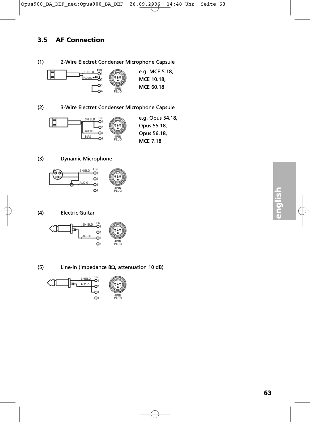 english633.5 AF Connection(1) 2-Wire Electret Condenser Microphone Capsule(2) 3-Wire Electret Condenser Microphone Capsule(3) Dynamic Microphone(4) Electric Guitar(5) Line-in (impedance 8Ω, attenuation 10 dB)e.g. Opus 54.18, Opus 55.18, Opus 56.18, MCE 7.18e.g. MCE 5.18, MCE 10.18, MCE 60.18Opus900_BA_DEF_neu:Opus900_BA_DEF  26.09.2006  14:48 Uhr  Seite 63