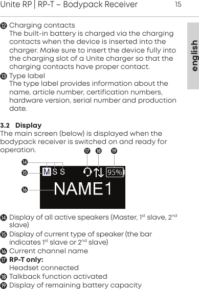 englishUnite RP | RP-T &ndash; Bodypack Receiver15Charging contactsThe built-in battery is charged via the chargingcontacts when the device is inserted into thecharger. Make sure to insert the device fully intothe charging slot of a Unite  charger so that the charging contacts have proper contact.   Type labelThe type label provides information about thename, article number, certification numbers,hardware version, serial  number and productiondate.3.2   DisplayThe main screen (below) is displayed when the bodypack  receiver is switched on and ready foroperation.Display of all active speakers (Master, 1st slave, 2ndslave)Display of current type of speaker (the bar indicates 1st slave or 2nd slave)Current channel nameRP-T only:Headset connectedTalkback function activatedDisplay of remaining battery capacity 