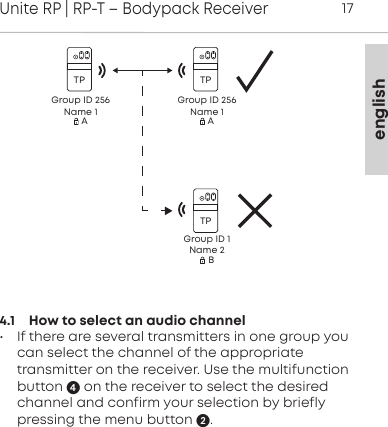 englishUnite RP | RP-T &ndash; Bodypack Receiver174.1    How to select an audio channel&bull; If there are several transmitters in one group youcan  select the channel of the appropriate transmitter on the receiver. Use the multifunctionbutton on the receiver to select the desiredchannel and confirm your selection by briefly pressing the menu button .TPGroup ID 256Name 1AGroup ID 256Name 1AGroup ID 1Name 2TPTPB
