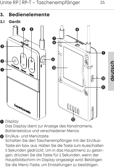 deutschUnite RP | RP-T &ndash; Taschenempf&auml;nger253.    Bedienelemente 3.1    Ger&auml;tDisplayDas Display dient zur Anzeige des Kanalnamens, Batteriestatus und verschiedener Men&uuml;s.Ein/Aus- und Men&uuml;tasteSchalten Sie den Taschenempf&auml;nger mit der Ein/Aus-Taste ein bzw. aus. Halten Sie die Taste zum Ausschalten5  Sekunden gedr&uuml;ckt. Um in das Hauptmen&uuml; zu gelan-gen, dr&uuml;cken Sie die Taste f&uuml;r 2 Sekunden, wenn derHauptbildschirm im Display angezeigt wird. Bet&auml;tigenSie die Men&uuml;-Taste, um Einstellungen zu best&auml;tigen.