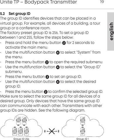 englishUnite TP &ndash; Bodypack Transmitter 195.2     Set group IDThe group ID identifies devices that can be placed in a virtual group. For example, all devices of a building, a tourgroup or a conference room.The factory preset group ID is 256. To set a group ID between 1 and 255, follow the steps below:&bull;  Press and hold the menu button for 2 seconds to activate the main menu.&bull; Use the multifunction button to select &ldquo;System&rdquo; fromthe menu.&bull;  Press the menu button  to open the required submenu.&bull;  Use the multifunction button  to select the &ldquo;Group ID&rdquo;submenu.&bull;  Press the menu button to set an group ID.&bull;  Use the multifunction button to select the desiredgroup ID.&bull;  Press the menu button  to confirm the selected group ID.Make sure to select the same group ID for all devices of a desired group. Only devices that have the same group IDcan communicate with each other. Transmitters with othergroup IDs are hidden. See the following diagram.RPRP RPTP1 TP2Group-ID 256 Group-ID 1RPTP3