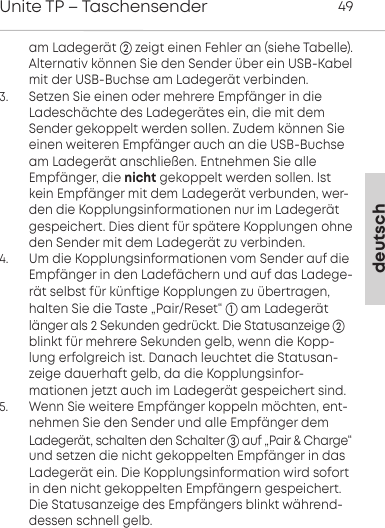 deutschUnite TP &ndash; Taschensender 49am  Ladeger&auml;t  zeigt einen Fehler an (siehe  Tabelle). Alternativ k&ouml;nnen Sie den Sender &uuml;ber ein USB-Kabelmit der USB-Buchse am Ladeger&auml;t verbinden.3.      Setzen Sie einen oder mehrere Empf&auml;nger in die Ladesch&auml;chte des Ladeger&auml;tes ein, die mit demSender gekoppelt werden sollen. Zudem k&ouml;nnen Sieeinen weiteren Empf&auml;nger auch an die USB-Buchseam Ladeger&auml;t anschlie&szlig;en. Entnehmen Sie alle Empf&auml;nger, die nicht gekoppelt werden sollen. Istkein Empf&auml;nger mit dem Ladeger&auml;t verbunden, wer-den die Kopplungsinformationen nur im Ladeger&auml;tgespeichert. Dies dient f&uuml;r sp&auml;tere Kopplungen ohneden Sender mit dem Ladeger&auml;t zu verbinden.4.      Um die Kopplungsinformationen vom Sender auf dieEmpf&auml;nger in den Ladef&auml;chern und auf das Ladege-r&auml;t selbst f&uuml;r k&uuml;nftige Kopplungen zu &uuml;bertragen,halten Sie die Taste &bdquo;Pair/Reset&ldquo;  am Ladeger&auml;tl&auml;nger als 2 Sekunden gedr&uuml;ckt. Die Statusanzeige blinkt f&uuml;r mehrere Sekunden gelb, wenn die Kopp-lung erfolgreich ist. Danach leuchtet die Statusan-zeige dauerhaft gelb, da die Kopplungsinfor-mationen jetzt auch im Ladeger&auml;t gespeichert sind.5.      Wenn Sie weitere Empf&auml;nger koppeln m&ouml;chten, ent-nehmen Sie den Sender und alle Empf&auml;nger dem Ladeger&auml;t, schalten den Schalter auf &bdquo;Pair &amp; Charge&ldquo;und setzen die nicht gekoppelten Empf&auml;nger in dasLadeger&auml;t ein. Die Kopplungsinformation wird sofortin den nicht gekoppelten Empf&auml;ngern gespeichert.Die Statusanzeige des Empf&auml;ngers blinkt w&auml;hrend-dessen schnell gelb.
