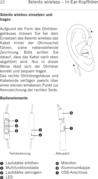Xelento wireless – In-Ear-Kopfhörer22Xelento wireless einsetzen und tragenAufgrund der Form des Ohrhörer-gehäuses  müssen  Sie  bei  dem Einsetzen des  Xelento wireless dasKabel  hinter  der  Ohrmuschel führen,  siehe  nebenstehendeZeichnung.  Bitte  achten  Sie darauf, dass das Kabel nach obenabgeführt  wird.  Nur  in  dieserWeise  lässt  sich  der  Ohrhörer korrekt und bequem tragen. Das rechte  Ohrhörergehäuse  undKabelende  verfügen  jeweils übereinen kleinen erhabenen Punkt zurKennzeichnung der rechten Seite.Bedienelemente  Lautstärke erhöhen  Multifunktionstaste  Lautstärke verringern  LED  Mikrofon  Aluminiumkappe  USB-AnschlussFernbedienung Akkupack