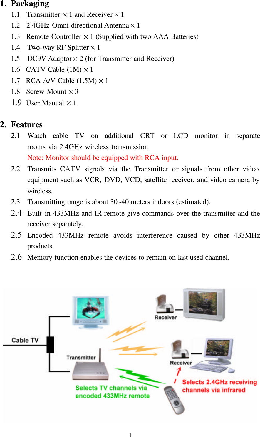  1 1. Packaging 1.1  Transmitter &times; 1 and Receiver &times; 1 1.2  2.4GHz Omni-directional Antenna &times; 1 1.3  Remote Controller &times; 1 (Supplied with two AAA Batteries) 1.4  Two-way RF Splitter &times; 1 1.5  DC9V Adaptor &times; 2 (for Transmitter and Receiver) 1.6  CATV Cable (1M) &times; 1 1.7  RCA A/V Cable (1.5M) &times; 1   1.8  Screw Mount &times; 3 1.9  User Manual &times; 1  2. Features 2.1 Watch cable TV on additional CRT or LCD monitor in separate          rooms via 2.4GHz wireless transmission.   Note: Monitor should be equipped with RCA input. 2.2 Transmits CATV signals via the  Transmitter  or signals from other video equipment such as VCR, DVD, VCD, satellite receiver, and video camera by wireless. 2.3 Transmitting range is about 30~40 meters indoors (estimated). 2.4 Built-in 433MHz and IR remote give commands over the transmitter and the receiver separately. 2.5 Encoded 433MHz remote avoids interference caused by other 433MHz products. 2.6 Memory function enables the devices to remain on last used channel.    