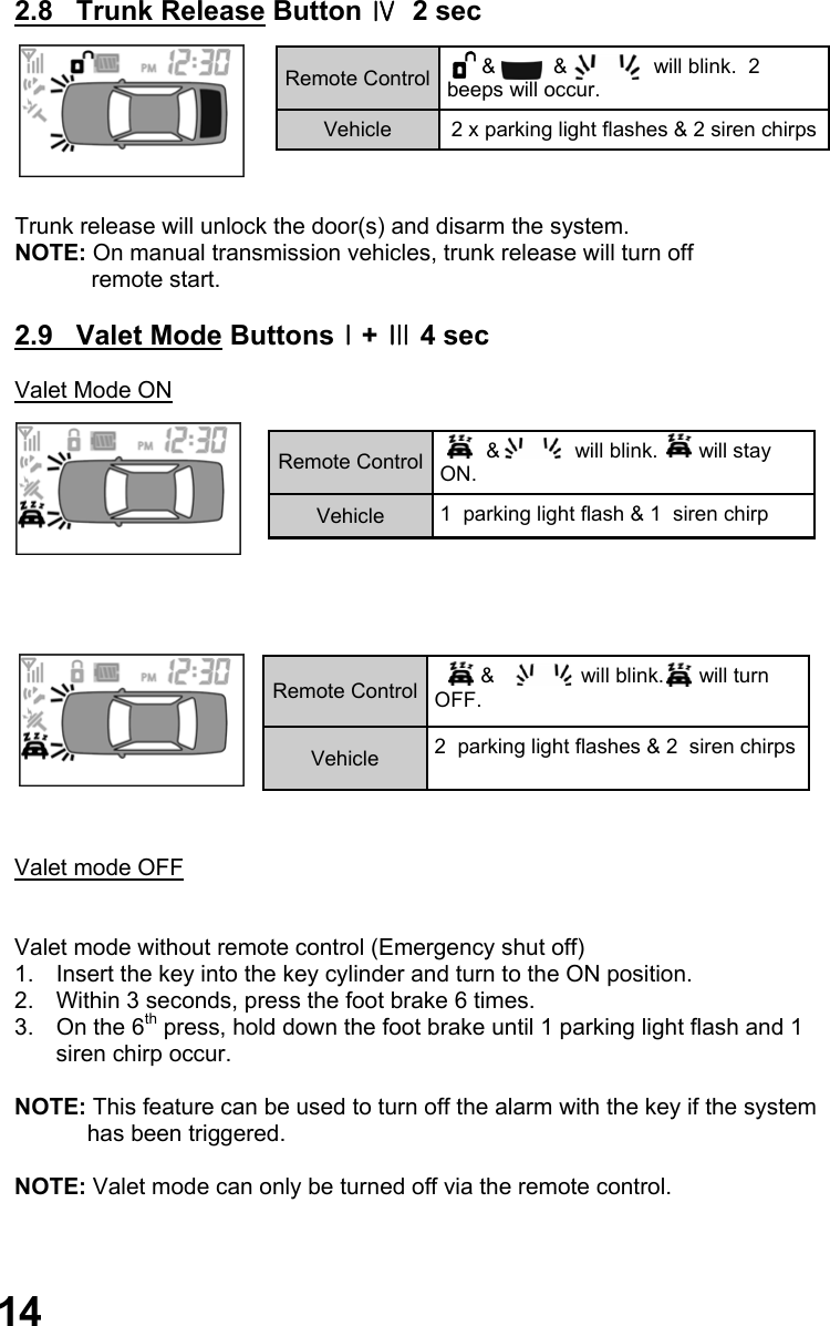  2.8   Trunk Release Button Ⅳ  2 sec        Trunk release will unlock the door(s) and disarm the system. NOTE: On manual transmission vehicles, trunk release will turn off              remote start.  2.9   Valet Mode ButtonsⅠ+ Ⅲ 4 sec  Valet Mode ON       Valet mode OFF   Valet mode without remote control (Emergency shut off) 1.  Insert the key into the key cylinder and turn to the ON position. 2.  Within 3 seconds, press the foot brake 6 times. 3.  On the 6th press, hold down the foot brake until 1 parking light flash and 1 siren chirp occur.  NOTE: This feature can be used to turn off the alarm with the key if the system has been triggered.  NOTE: Valet mode can only be turned off via the remote control.       Remote Control        &amp;          &amp;               will blink.  2 beeps will occur. Vehicle  2 x parking light flashes &amp; 2 siren chirps  Remote Control          &amp;         1  will blink.       will stay ON. Vehicle  1  parking light flash &amp; 1  siren chirp  Remote Control          &amp;               will blink.      will turn OFF. Vehicle  2  parking light flashes &amp; 2  siren chirps  14 