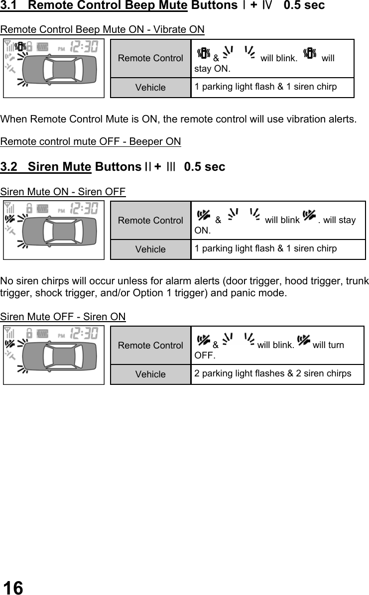 3.1   Remote Control Beep Mute ButtonsⅠ+ Ⅳ   0.5 sec  Remote Control Beep Mute ON - Vibrate ON   When Remote Control Mute is ON, the remote control will use vibration alerts.  Remote control mute OFF - Beeper ON  3.2   Siren Mute ButtonsⅡ+ Ⅲ  0.5 sec  Siren Mute ON - Siren OFF   No siren chirps will occur unless for alarm alerts (door trigger, hood trigger, trunk  trigger, shock trigger, and/or Option 1 trigger) and panic mode.  Siren Mute OFF - Siren ON                 Remote Control  &amp;  will blink.   will stay ON. Vehicle  1 parking light flash &amp; 1 siren chirp Remote Control   &amp;   will blink . will stay ON. Vehicle  1 parking light flash &amp; 1 siren chirp Remote Control  &amp; will blink. will turn OFF. Vehicle  2 parking light flashes &amp; 2 siren chirps 16 