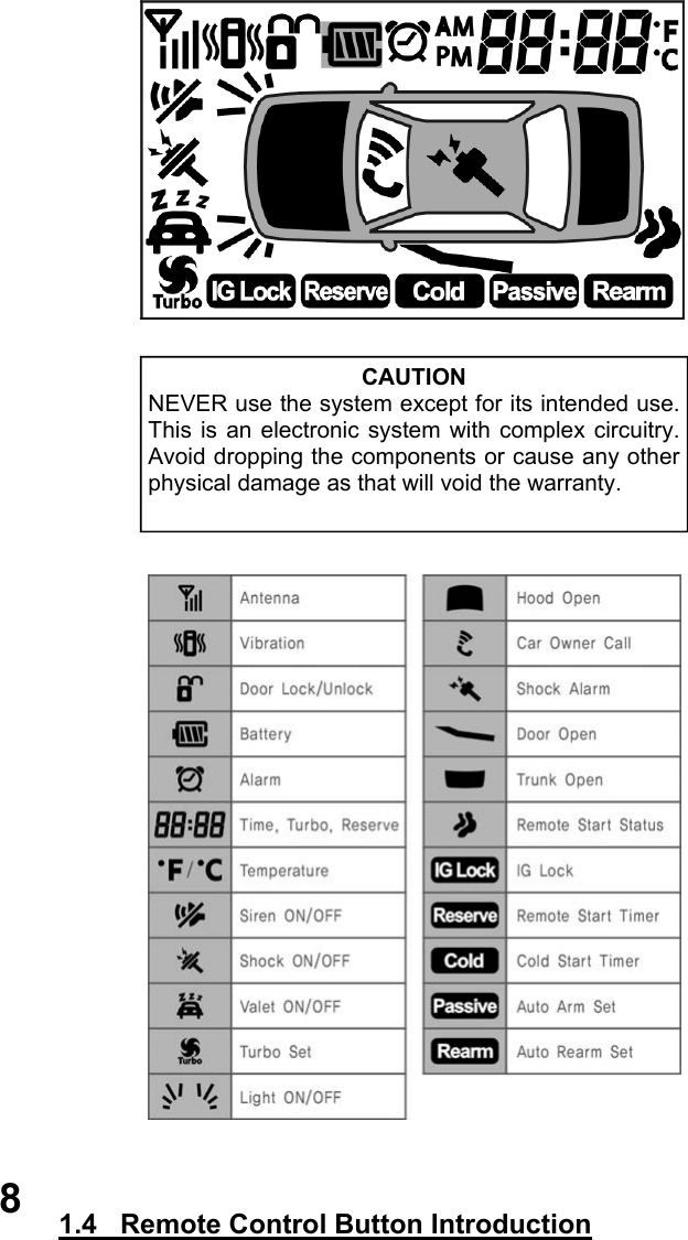                                                    1.4   Remote Control Button Introduction 8 CAUTION NEVER use the system except for its intended use.  This is an electronic system with complex circuitry. Avoid dropping the components or cause any other  physical damage as that will void the warranty. 