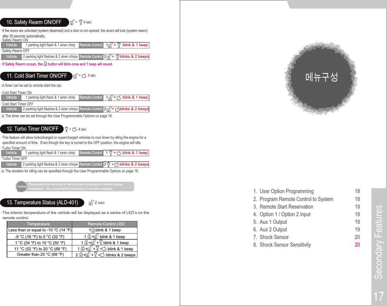 1818191919192020Secondary Features17Primary Features16메뉴구성11. Cold Start Timer ON/OFF·A timer can be set to remote start the car. ※The timer can be set through the User Programmable Options on page 18.·Cold Start Timer OFF·Cold Start Timer ON12. Turbo Timer ON/OFF·This feature will allow turbocharged or supercharged vehicles to cool down by idling the engine for a specified amount of time.  Even though the key is turned to the OFF position, the engine will idle.※ The duration for idling can be specified through the User Programmable Options on page 18.+        4 sec+        4 sec10. Safety Rearm ON/OFF·If the doors are unlocked (system disarmed) and a door is not opened, the doors will lock (system rearm) after 30 seconds automatically.+       4 sec·Safety Rearm OFF·Safety Rearm ONPlease ensure that the vehicle is Park (automatic transmission) or Neutral (manualtransmission).  Also, ensure that the hand brake or foot brake is engaged..Caution·Turbo Timer OFF·Turbo Timer ON·If Safety Rearm occurs, the      button will blink once and 1 beep will sound.Vehicle 1 parking light flash &amp; 1 siren chirp Remote Control1     +      blink &amp; 1 beepVehicle 2 parking light flashes &amp; 2 siren chirps Remote Control2     +     blinks &amp; 2 beepsVehicle 1 parking light flash &amp; 1 siren chirp Remote Control1     +      blink &amp; 1 beepVehicle 2 parking light flashes &amp; 2 siren chirps Remote Control2     +     blinks &amp; 2 beepsVehicle 1 parking light flash &amp; 1 siren chirp Remote Control1     +      blink &amp; 1 beepVehicle 2 parking light flashes &amp; 2 siren chirps Remote Control2     +     blinks &amp; 2 beeps1.  User Option Programming2.  Program Remote Control to System3.  Remote Start Reservation4.  Option 1 / Option 2 Input5.  Aux 1 Output6.  Aux 2 Output7.  Shock Sensor 8.  Shock Sensor Sensitivity 13. Temperature Status (ALD-401)2 sec·The interior temperature of the vehicle will be displayed as a series of LED’s on the remote control.Temperature Remote Control LEDLess than or equal to -10 °C (14 °F) 1    blink &amp; 1 beep-9 °C (16 °F) to 0 °C (32 °F) 1     +     blink &amp; 1 beep1 °C (34 °F) to 10 °C (50 °F) 1     +     +    blink &amp; 1 beep11 °C (52 °F) to 20 °C (68 °F) 1     +     +    +     blink &amp; 1 beep2     +     +    +     blinks &amp; 2 beepsGreater than 20 °C (68 °F)