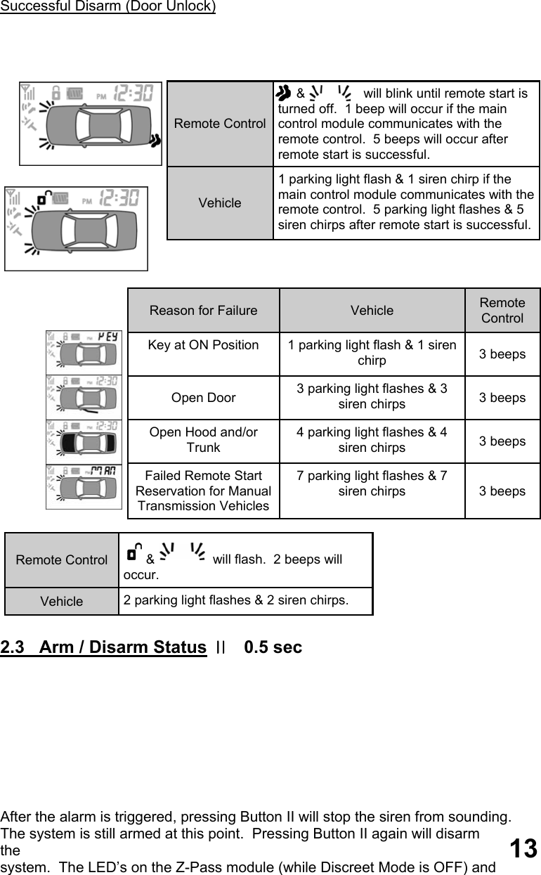 Successful Disarm (Door Unlock)    2.3   Arm / Disarm Status Ⅱ   0.5 sec          After the alarm is triggered, pressing Button II will stop the siren from sounding.   The system is still armed at this point.  Pressing Button II again will disarm the  system.  The LED’s on the Z-Pass module (while Discreet Mode is OFF) and Remote Control  &amp;  will flash.  2 beeps will occur. Vehicle  2 parking light flashes &amp; 2 siren chirps. 13 Remote Control      &amp;                will blink until remote start is turned off.  1 beep will occur if the main control module communicates with the remote control.  5 beeps will occur after remote start is successful. Vehicle 1 parking light flash &amp; 1 siren chirp if the main control module communicates with the remote control.  5 parking light flashes &amp; 5 siren chirps after remote start is successful. Reason for Failure  Vehicle  Remote Control Key at ON Position  1 parking light flash &amp; 1 siren chirp  3 beeps Open Door  3 parking light flashes &amp; 3 siren chirps  3 beeps Open Hood and/or Trunk 4 parking light flashes &amp; 4 siren chirps  3 beeps Failed Remote Start Reservation for Manual Transmission Vehicles 7 parking light flashes &amp; 7 siren chirps  3 beeps 