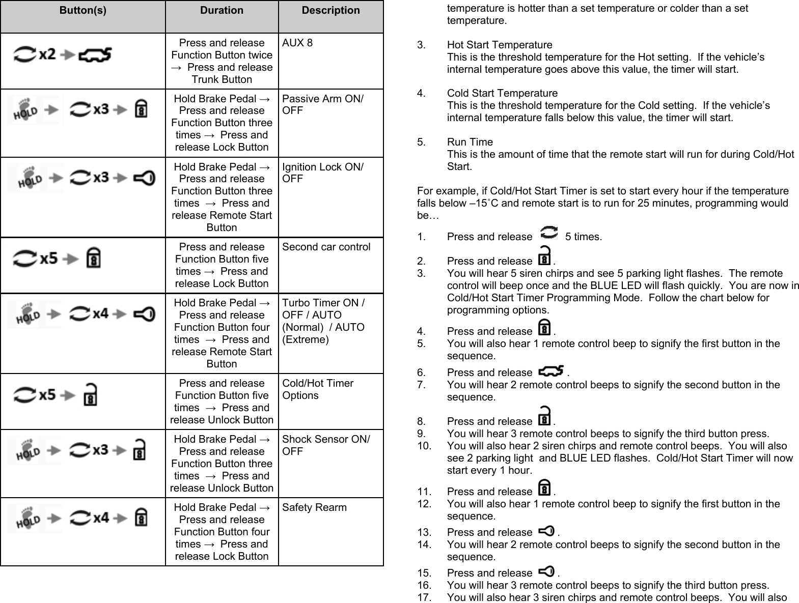     Button(s)  Duration  Description          Press and release Function Button twice →  Press and release Trunk Button  AUX 8  Hold Brake Pedal →  Press and release Function Button three times →  Press and release Lock Button  Passive Arm ON/OFF        Hold Brake Pedal →  Press and release Function Button three times  →  Press and release Remote Start Button  Ignition Lock ON/OFF         Press and release Function Button five times →  Press and release Lock Button  Second car control  Hold Brake Pedal → Press and release Function Button four times  →  Press and release Remote Start Button Turbo Timer ON / OFF / AUTO (Normal)  / AUTO (Extreme)  Press and release Function Button five times  →  Press and release Unlock Button  Cold/Hot Timer Options  Hold Brake Pedal →  Press and release Function Button three times  →  Press and release Unlock Button  Shock Sensor ON/OFF  Hold Brake Pedal →  Press and release Function Button four times →  Press and release Lock Button  Safety Rearm temperature is hotter than a set temperature or colder than a set temperature.  3.  Hot Start Temperature This is the threshold temperature for the Hot setting.  If the vehicle’s internal temperature goes above this value, the timer will start.  4.  Cold Start Temperature This is the threshold temperature for the Cold setting.  If the vehicle’s internal temperature falls below this value, the timer will start.  5. Run Time This is the amount of time that the remote start will run for during Cold/Hot Start.  For example, if Cold/Hot Start Timer is set to start every hour if the temperature falls below –15˚C and remote start is to run for 25 minutes, programming would be… 1.  Press and release   5 times. 2.  Press and release  . 3.  You will hear 5 siren chirps and see 5 parking light flashes.  The remote control will beep once and the BLUE LED will flash quickly.  You are now in Cold/Hot Start Timer Programming Mode.  Follow the chart below for programming options. 4.  Press and release  .   5.  You will also hear 1 remote control beep to signify the first button in the sequence. 6.  Press and release  . 7.  You will hear 2 remote control beeps to signify the second button in the sequence. 8.  Press and release  . 9.  You will hear 3 remote control beeps to signify the third button press. 10.  You will also hear 2 siren chirps and remote control beeps.  You will also see 2 parking light  and BLUE LED flashes.  Cold/Hot Start Timer will now start every 1 hour. 11.  Press and release  . 12.  You will also hear 1 remote control beep to signify the first button in the sequence. 13.  Press and release  . 14.  You will hear 2 remote control beeps to signify the second button in the sequence. 15.  Press and release  . 16.  You will hear 3 remote control beeps to signify the third button press. 17.  You will also hear 3 siren chirps and remote control beeps.  You will also 