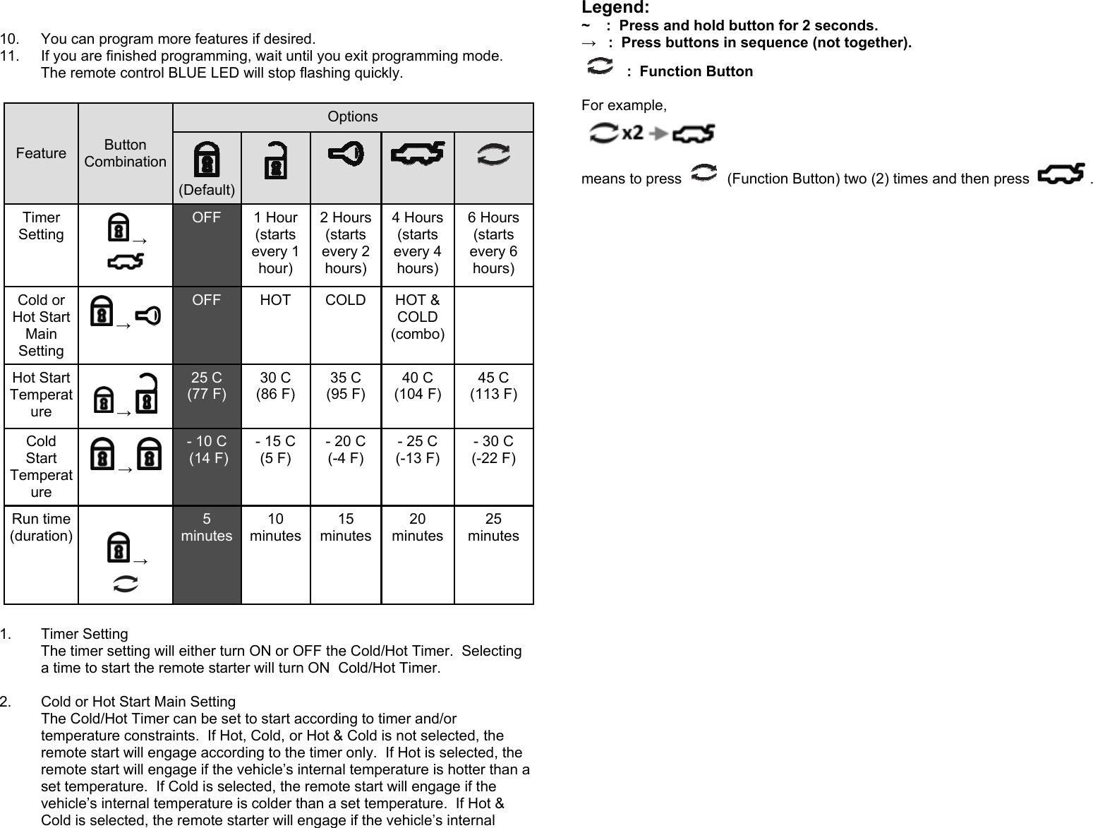   10.  You can program more features if desired. 11.  If you are finished programming, wait until you exit programming mode.  The remote control BLUE LED will stop flashing quickly.    1. Timer Setting The timer setting will either turn ON or OFF the Cold/Hot Timer.  Selecting a time to start the remote starter will turn ON  Cold/Hot Timer.  2.  Cold or Hot Start Main Setting The Cold/Hot Timer can be set to start according to timer and/or temperature constraints.  If Hot, Cold, or Hot &amp; Cold is not selected, the remote start will engage according to the timer only.  If Hot is selected, the remote start will engage if the vehicle’s internal temperature is hotter than a set temperature.  If Cold is selected, the remote start will engage if the vehicle’s internal temperature is colder than a set temperature.  If Hot &amp; Cold is selected, the remote starter will engage if the vehicle’s internal Feature  Button Combination Options  (Default)      Timer Setting  → OFF  1 Hour (starts every 1 hour) 2 Hours (starts every 2 hours) 4 Hours (starts every 4 hours) 6 Hours (starts every 6 hours) Cold or Hot Start Main Setting → OFF  HOT  COLD   HOT &amp; COLD (combo)  Hot Start Temperature  → 25 C (77 F) 30 C (86 F) 35 C (95 F) 40 C (104 F) 45 C (113 F) Cold Start Temperature → - 10 C  (14 F) - 15 C (5 F) - 20 C (-4 F) - 25 C (-13 F) - 30 C (-22 F) Run time (duration)  →   5 minutes 10 minutes 15 minutes 20 minutes 25 minutes Legend:  ~    :  Press and hold button for 2 seconds. →   :  Press buttons in sequence (not together).    :  Function Button  For example,       means to press   (Function Button) two (2) times and then press  .                                        