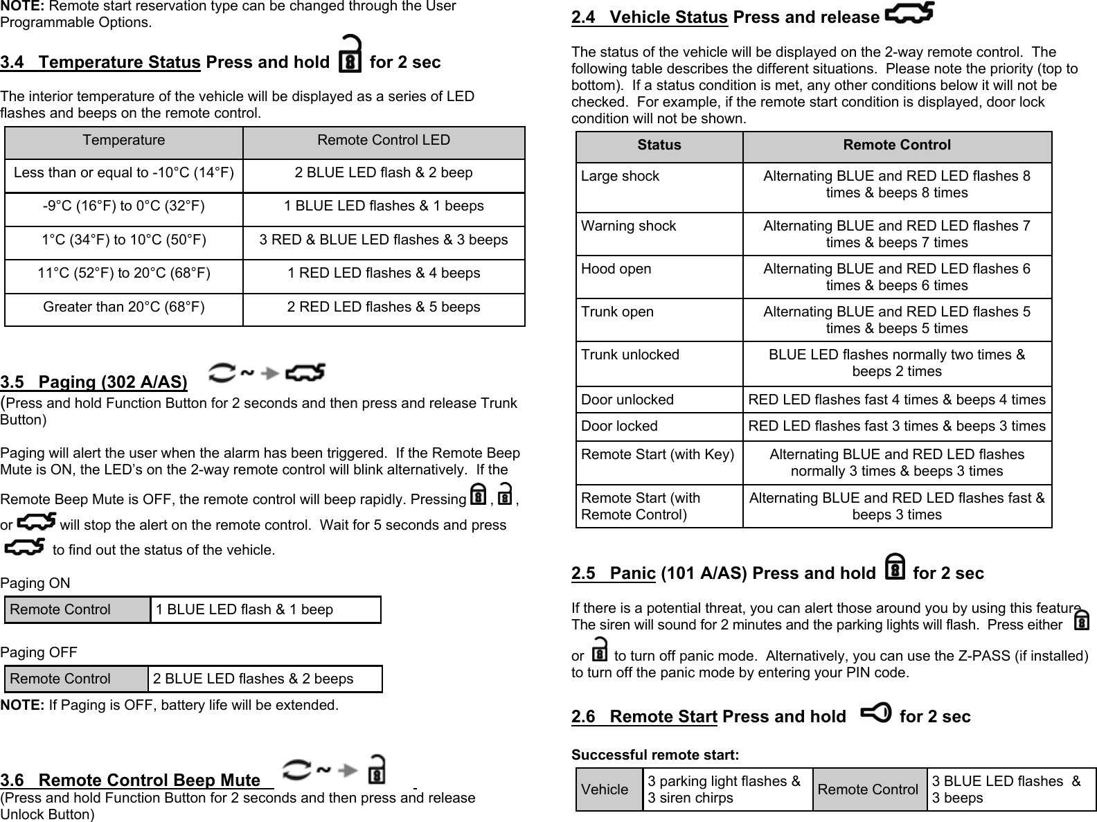 NOTE: Remote start reservation type can be changed through the User Programmable Options. 3.4   Temperature Status Press and hold   for 2 sec  The interior temperature of the vehicle will be displayed as a series of LED flashes and beeps on the remote control.  3.5   Paging (302 A/AS)     (Press and hold Function Button for 2 seconds and then press and release Trunk Button)  Paging will alert the user when the alarm has been triggered.  If the Remote Beep Mute is ON, the LED’s on the 2-way remote control will blink alternatively.  If the Remote Beep Mute is OFF, the remote control will beep rapidly. Pressing , , or will stop the alert on the remote control.  Wait for 5 seconds and press to find out the status of the vehicle.  Paging ON   Paging OFF  NOTE: If Paging is OFF, battery life will be extended.   3.6   Remote Control Beep Mute    (Press and hold Function Button for 2 seconds and then press and release Unlock Button) Temperature  Remote Control LED Less than or equal to -10°C (14°F)  2 BLUE LED flash &amp; 2 beep -9°C (16°F) to 0°C (32°F)  1 BLUE LED flashes &amp; 1 beeps 1°C (34°F) to 10°C (50°F)  3 RED &amp; BLUE LED flashes &amp; 3 beeps 11°C (52°F) to 20°C (68°F)  1 RED LED flashes &amp; 4 beeps Greater than 20°C (68°F)  2 RED LED flashes &amp; 5 beeps Remote Control  1 BLUE LED flash &amp; 1 beep Remote Control  2 BLUE LED flashes &amp; 2 beeps 2.4   Vehicle Status Press and release   The status of the vehicle will be displayed on the 2-way remote control.  The following table describes the different situations.  Please note the priority (top to bottom).  If a status condition is met, any other conditions below it will not be checked.  For example, if the remote start condition is displayed, door lock condition will not be shown.                                                                                               2.5   Panic (101 A/AS) Press and hold   for 2 sec  If there is a potential threat, you can alert those around you by using this feature.  The siren will sound for 2 minutes and the parking lights will flash.  Press either  or   to turn off panic mode.  Alternatively, you can use the Z-PASS (if installed) to turn off the panic mode by entering your PIN code.   2.6   Remote Start Press and hold    for 2 sec  Successful remote start: Status  Remote Control Large shock  Alternating BLUE and RED LED flashes 8 times &amp; beeps 8 times Warning shock  Alternating BLUE and RED LED flashes 7 times &amp; beeps 7 times Hood open  Alternating BLUE and RED LED flashes 6 times &amp; beeps 6 times Trunk open  Alternating BLUE and RED LED flashes 5 times &amp; beeps 5 times Trunk unlocked  BLUE LED flashes normally two times &amp;  beeps 2 times Door unlocked  RED LED flashes fast 4 times &amp; beeps 4 times Door locked  RED LED flashes fast 3 times &amp; beeps 3 times Remote Start (with Key)  Alternating BLUE and RED LED flashes normally 3 times &amp; beeps 3 times Remote Start (with Remote Control) Alternating BLUE and RED LED flashes fast &amp; beeps 3 times Vehicle  3 parking light flashes &amp; 3 siren chirps  Remote Control  3 BLUE LED flashes  &amp; 3 beeps 