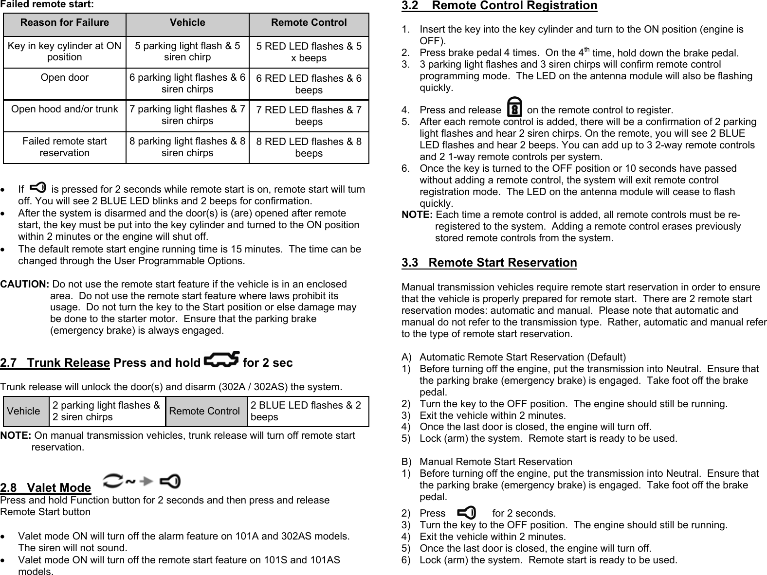 Failed remote start:  •  If   is pressed for 2 seconds while remote start is on, remote start will turn off. You will see 2 BLUE LED blinks and 2 beeps for confirmation. •  After the system is disarmed and the door(s) is (are) opened after remote start, the key must be put into the key cylinder and turned to the ON position within 2 minutes or the engine will shut off. •  The default remote start engine running time is 15 minutes.  The time can be changed through the User Programmable Options.  CAUTION: Do not use the remote start feature if the vehicle is in an enclosed area.  Do not use the remote start feature where laws prohibit its usage.  Do not turn the key to the Start position or else damage may be done to the starter motor.  Ensure that the parking brake (emergency brake) is always engaged.  2.7   Trunk Release Press and hold for 2 sec  Trunk release will unlock the door(s) and disarm (302A / 302AS) the system. NOTE: On manual transmission vehicles, trunk release will turn off remote start reservation.  2.8   Valet Mode  Press and hold Function button for 2 seconds and then press and release Remote Start button  •  Valet mode ON will turn off the alarm feature on 101A and 302AS models.  The siren will not sound.  •  Valet mode ON will turn off the remote start feature on 101S and 101AS models. Reason for Failure  Vehicle  Remote Control Key in key cylinder at ON position 5 parking light flash &amp; 5 siren chirp 5 RED LED flashes &amp; 5 x beeps  Open door  6 parking light flashes &amp; 6 siren chirps 6 RED LED flashes &amp; 6 beeps Open hood and/or trunk  7 parking light flashes &amp; 7 siren chirps 7 RED LED flashes &amp; 7 beeps Failed remote start reservation 8 parking light flashes &amp; 8 siren chirps 8 RED LED flashes &amp; 8 beeps Vehicle  2 parking light flashes &amp; 2 siren chirps  Remote Control  2 BLUE LED flashes &amp; 2 beeps 3.2    Remote Control Registration  1.  Insert the key into the key cylinder and turn to the ON position (engine is OFF). 2.  Press brake pedal 4 times.  On the 4th time, hold down the brake pedal. 3.  3 parking light flashes and 3 siren chirps will confirm remote control programming mode.  The LED on the antenna module will also be flashing quickly. 4.  Press and release   on the remote control to register.      5.  After each remote control is added, there will be a confirmation of 2 parking light flashes and hear 2 siren chirps. On the remote, you will see 2 BLUE LED flashes and hear 2 beeps. You can add up to 3 2-way remote controls and 2 1-way remote controls per system. 6.  Once the key is turned to the OFF position or 10 seconds have passed without adding a remote control, the system will exit remote control registration mode.  The LED on the antenna module will cease to flash quickly. NOTE: Each time a remote control is added, all remote controls must be re-               registered to the system.  Adding a remote control erases previously                   stored remote controls from the system.  3.3   Remote Start Reservation  Manual transmission vehicles require remote start reservation in order to ensure that the vehicle is properly prepared for remote start.  There are 2 remote start reservation modes: automatic and manual.  Please note that automatic and manual do not refer to the transmission type.  Rather, automatic and manual refer to the type of remote start reservation.  A)  Automatic Remote Start Reservation (Default) 1)  Before turning off the engine, put the transmission into Neutral.  Ensure that the parking brake (emergency brake) is engaged.  Take foot off the brake pedal. 2)  Turn the key to the OFF position.  The engine should still be running. 3)  Exit the vehicle within 2 minutes. 4)  Once the last door is closed, the engine will turn off. 5)  Lock (arm) the system.  Remote start is ready to be used.  B)  Manual Remote Start Reservation 1)  Before turning off the engine, put the transmission into Neutral.  Ensure that the parking brake (emergency brake) is engaged.  Take foot off the brake pedal. 2)  Press         for 2 seconds. 3)  Turn the key to the OFF position.  The engine should still be running. 4)  Exit the vehicle within 2 minutes. 5)  Once the last door is closed, the engine will turn off. 6)  Lock (arm) the system.  Remote start is ready to be used.  