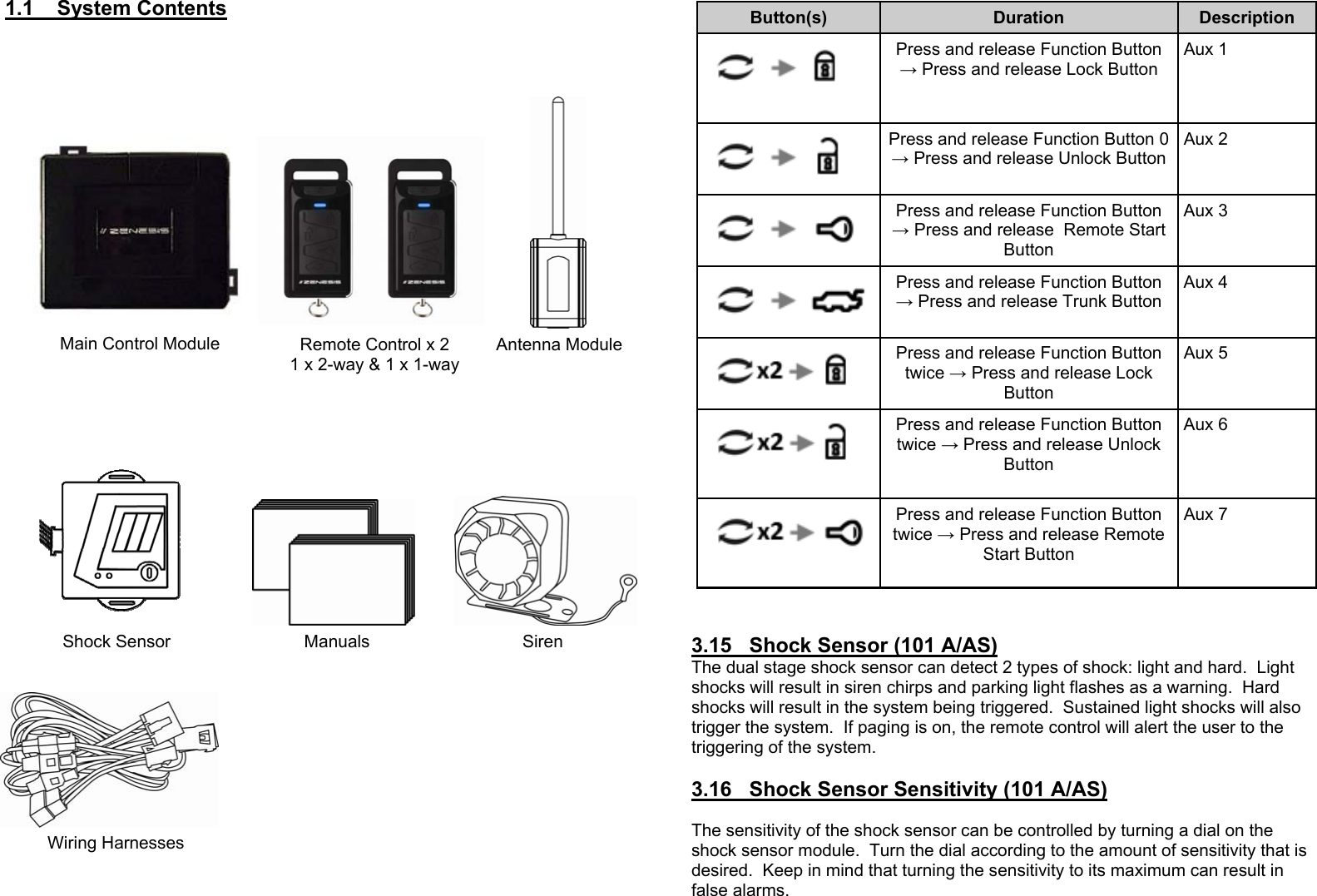 1.1    System Contents Main Control Module  Remote Control x 2 1 x 2-way &amp; 1 x 1-way Antenna Module Shock Sensor  Manuals  Siren Wiring Harnesses   3.15   Shock Sensor (101 A/AS) The dual stage shock sensor can detect 2 types of shock: light and hard.  Light shocks will result in siren chirps and parking light flashes as a warning.  Hard shocks will result in the system being triggered.  Sustained light shocks will also trigger the system.  If paging is on, the remote control will alert the user to the triggering of the system.  3.16   Shock Sensor Sensitivity (101 A/AS)  The sensitivity of the shock sensor can be controlled by turning a dial on the shock sensor module.  Turn the dial according to the amount of sensitivity that is desired.  Keep in mind that turning the sensitivity to its maximum can result in false alarms.     Button(s)  Duration  Description   Press and release Function Button → Press and release Lock Button  Aux 1  Press and release Function Button 0 → Press and release Unlock Button  Aux 2  Press and release Function Button → Press and release  Remote Start Button Aux 3  Press and release Function Button → Press and release Trunk Button  Aux 4  Press and release Function Button twice → Press and release Lock Button  Aux 5              Press and release Function Button twice → Press and release Unlock Button Aux 6               Press and release Function Button twice → Press and release Remote Start Button  Aux 7 