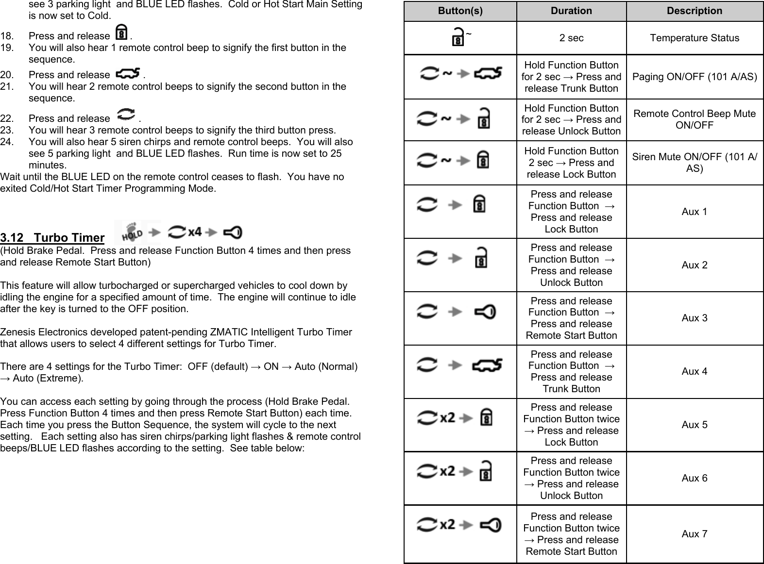 see 3 parking light  and BLUE LED flashes.  Cold or Hot Start Main Setting is now set to Cold. 18.  Press and release  . 19.  You will also hear 1 remote control beep to signify the first button in the sequence. 20.  Press and release  . 21.  You will hear 2 remote control beeps to signify the second button in the sequence. 22.  Press and release  . 23.  You will hear 3 remote control beeps to signify the third button press. 24.  You will also hear 5 siren chirps and remote control beeps.  You will also see 5 parking light  and BLUE LED flashes.  Run time is now set to 25 minutes. Wait until the BLUE LED on the remote control ceases to flash.  You have no exited Cold/Hot Start Timer Programming Mode.   3.12   Turbo Timer         (Hold Brake Pedal.  Press and release Function Button 4 times and then press and release Remote Start Button)  This feature will allow turbocharged or supercharged vehicles to cool down by idling the engine for a specified amount of time.  The engine will continue to idle after the key is turned to the OFF position.   Zenesis Electronics developed patent-pending ZMATIC Intelligent Turbo Timer that allows users to select 4 different settings for Turbo Timer.    There are 4 settings for the Turbo Timer:  OFF (default) → ON → Auto (Normal) → Auto (Extreme).  You can access each setting by going through the process (Hold Brake Pedal. Press Function Button 4 times and then press Remote Start Button) each time. Each time you press the Button Sequence, the system will cycle to the next setting.   Each setting also has siren chirps/parking light flashes &amp; remote control beeps/BLUE LED flashes according to the setting.  See table below:   Button(s)  Duration  Description ~  2 sec  Temperature Status     Hold Function Button for 2 sec → Press and release Trunk Button Paging ON/OFF (101 A/AS)  Hold Function Button for 2 sec → Press and release Unlock Button  Remote Control Beep Mute ON/OFF  Hold Function Button 2 sec → Press and release Lock Button  Siren Mute ON/OFF (101 A/AS)   Press and release Function Button  → Press and release Lock Button Aux 1  Press and release Function Button  → Press and release Unlock Button Aux 2  Press and release Function Button  → Press and release Remote Start Button Aux 3  Press and release Function Button  → Press and release Trunk Button Aux 4  Press and release Function Button twice → Press and release Lock Button Aux 5              Press and release Function Button twice → Press and release Unlock Button Aux 6               Press and release Function Button twice → Press and release Remote Start Button Aux 7 