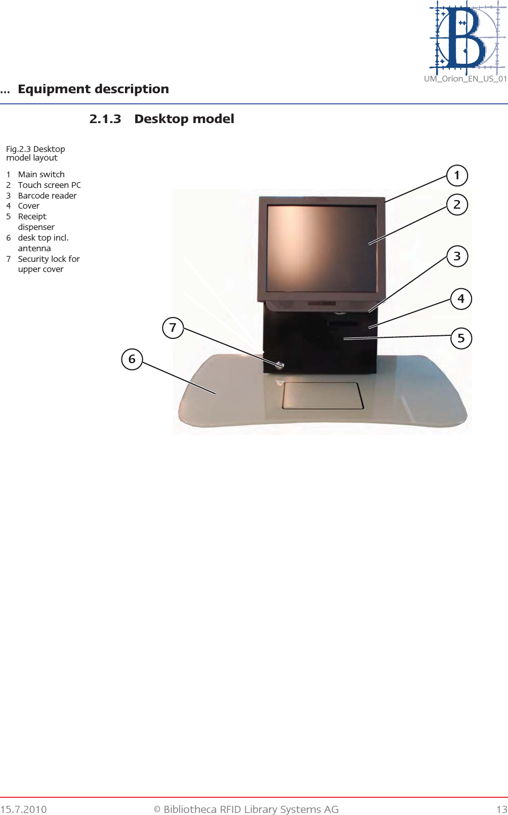 … Equipment description15.7.2010 © Bibliotheca RFID Library Systems AG 13UM_Orion_EN_US_012.1.3 Desktop modelFig.2.3 Desktop model layout1Main switch2 Touch screen PC3 Barcode reader4 Cover5 Receipt dispenser6 desk top incl. antenna7 Security lock for upper cover2136475