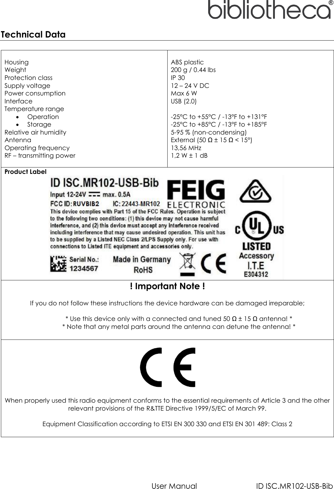   User Manual  ID ISC.MR102-USB-Bib Technical Data   Housing Weight Protection class Supply voltage Power consumption Interface Temperature range  Operation  Storage Relative air humidity Antenna Operating frequency RF – transmitting power   ABS plastic 200 g / 0.44 lbs IP 30 12 – 24 V DC Max 6 W USB (2.0)  -25°C to +55°C / -13°F to +131°F -25°C to +85°C / -13°F to +185°F 5-95 % (non-condensing) External (50 Ω ± 15 Ω &lt; 15°) 13,56 MHz 1,2 W ± 1 dB Product Label  ! Important Note !  If you do not follow these instructions the device hardware can be damaged irreparable;  * Use this device only with a connected and tuned 50 Ω ± 15 Ω antenna! * * Note that any metal parts around the antenna can detune the antenna! *     When properly used this radio equipment conforms to the essential requirements of Article 3 and the other relevant provisions of the R&amp;TTE Directive 1999/5/EC of March 99.  Equipment Classification according to ETSI EN 300 330 and ETSI EN 301 489: Class 2      