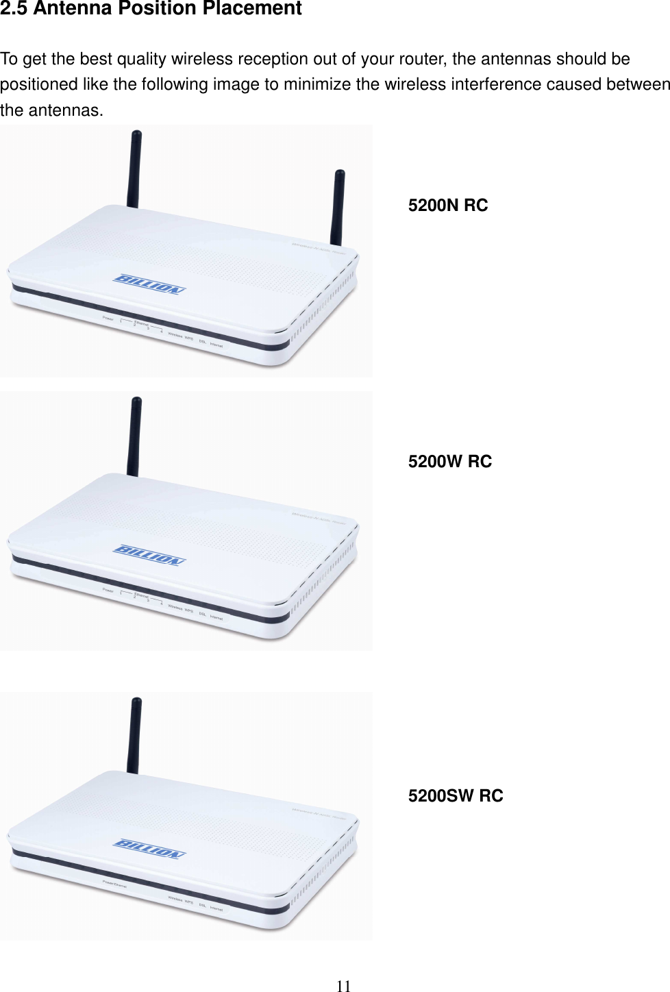 11 2.5 Antenna Position Placement To get the best quality wireless reception out of your router, the antennas should be positioned like the following image to minimize the wireless interference caused between the antennas.     5200N RC 5200W RC 5200SW RC 
