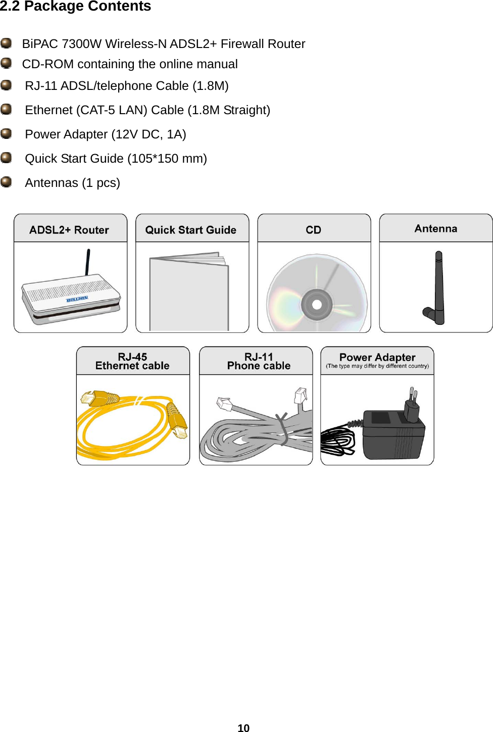 10 2.2 Package Contents    BiPAC 7300W Wireless-N ADSL2+ Firewall Router    CD-ROM containing the online manual   RJ-11 ADSL/telephone Cable (1.8M)    Ethernet (CAT-5 LAN) Cable (1.8M Straight)   Power Adapter (12V DC, 1A)   Quick Start Guide (105*150 mm)     Antennas (1 pcs)            