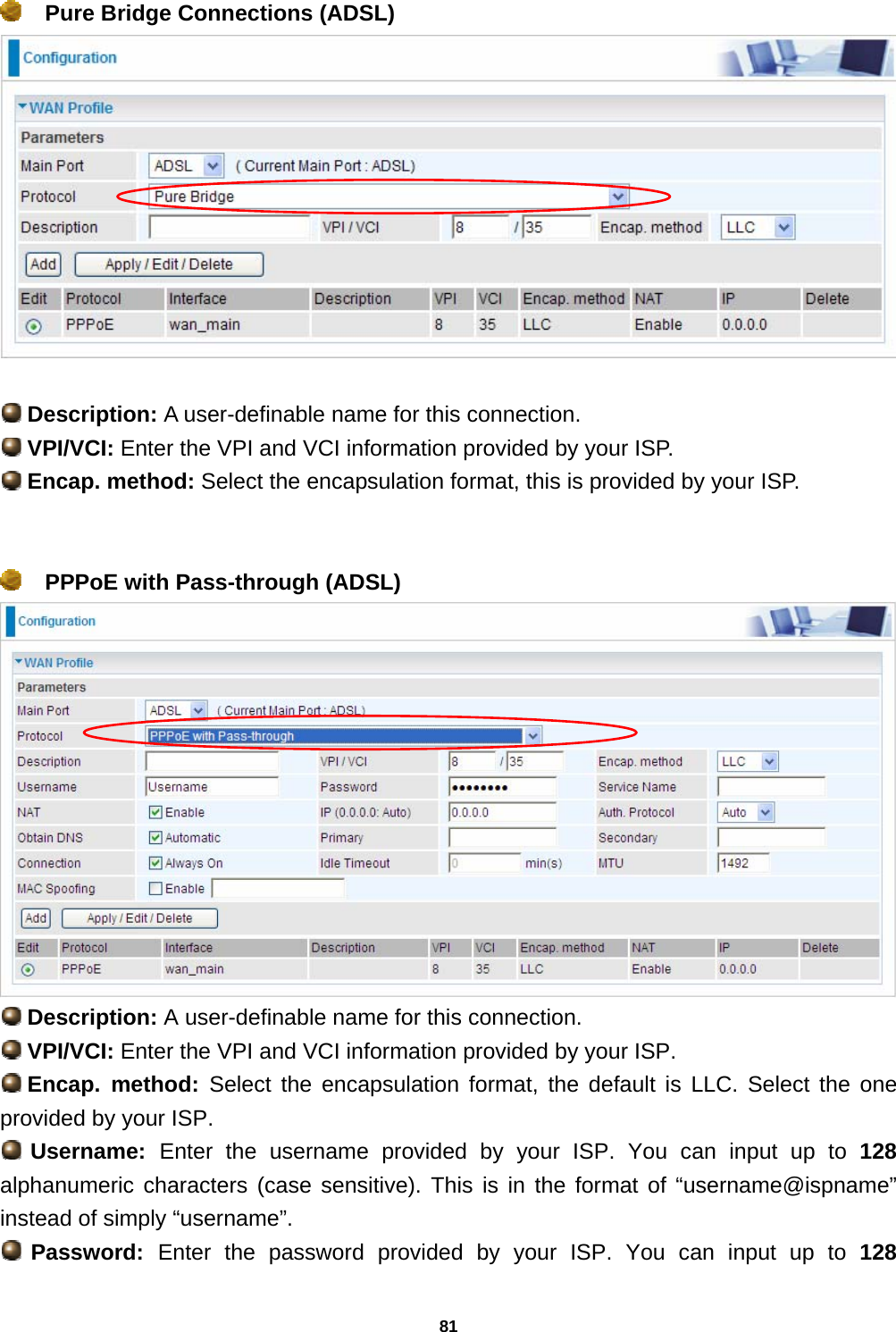 81  Pure Bridge Connections (ADSL)    Description: A user-definable name for this connection.  VPI/VCI: Enter the VPI and VCI information provided by your ISP.  Encap. method: Select the encapsulation format, this is provided by your ISP.    PPPoE with Pass-through (ADSL)   Description: A user-definable name for this connection.  VPI/VCI: Enter the VPI and VCI information provided by your ISP.  Encap.  method:  Select the encapsulation format, the default is LLC. Select the one provided by your ISP.  Username:  Enter the username provided by your ISP. You can input up to 128 alphanumeric characters (case sensitive). This is in the format of “username@ispname” instead of simply “username”.  Password:  Enter the password provided by your ISP. You can input up to 128 