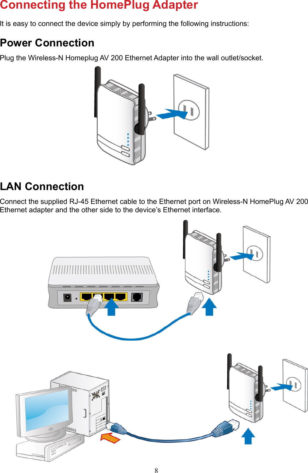 8Connecting the HomePlug AdapterIt is easy to connect the device simply by performing the following instructions:Power ConnectionPlug the Wireless-N Homeplug AV 200 Ethernet Adapter into the wall outlet/socket.LAN ConnectionConnect the supplied RJ-45 Ethernet cable to the Ethernet port on Wireless-N HomePlug AV 200 Ethernet adapter and the other side to the device’s Ethernet interface.