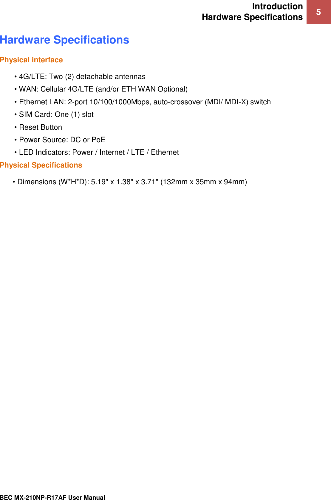 Page 10 of Billion Electric BIL-210NPR17AF 4G/LTE Broadband Router with PoE User Manual BEC MX 210NP UM v1 01 2019