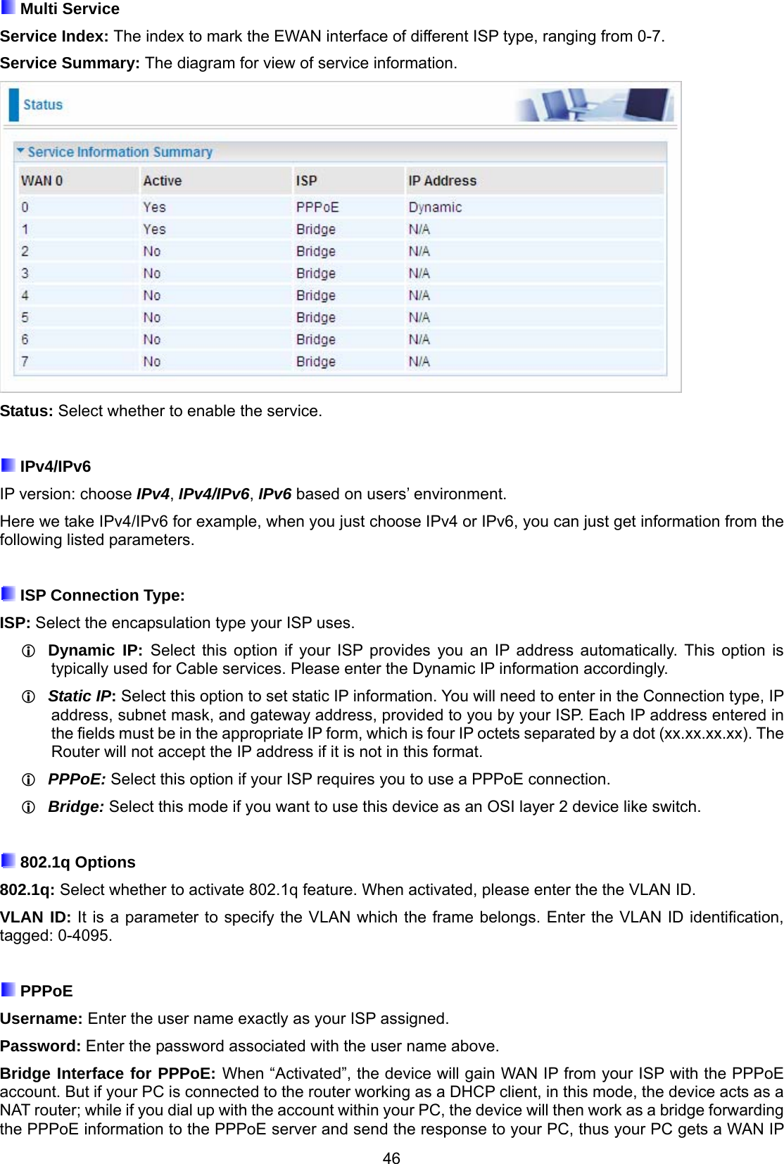 46  Multi Service  Service Index: The index to mark the EWAN interface of different ISP type, ranging from 0-7. Service Summary: The diagram for view of service information.  Status: Select whether to enable the service.   IPv4/IPv6 IP version: choose IPv4, IPv4/IPv6, IPv6 based on users’ environment. Here we take IPv4/IPv6 for example, when you just choose IPv4 or IPv6, you can just get information from the following listed parameters.   ISP Connection Type:  ISP: Select the encapsulation type your ISP uses.   Dynamic IP: Select this option if your ISP provides you an IP address automatically. This option is typically used for Cable services. Please enter the Dynamic IP information accordingly.  Static IP: Select this option to set static IP information. You will need to enter in the Connection type, IP address, subnet mask, and gateway address, provided to you by your ISP. Each IP address entered in the fields must be in the appropriate IP form, which is four IP octets separated by a dot (xx.xx.xx.xx). The Router will not accept the IP address if it is not in this format.  PPPoE: Select this option if your ISP requires you to use a PPPoE connection.   Bridge: Select this mode if you want to use this device as an OSI layer 2 device like switch.   802.1q Options 802.1q: Select whether to activate 802.1q feature. When activated, please enter the the VLAN ID. VLAN ID: It is a parameter to specify the VLAN which the frame belongs. Enter the VLAN ID identification, tagged: 0-4095.   PPPoE Username: Enter the user name exactly as your ISP assigned.  Password: Enter the password associated with the user name above. Bridge Interface for PPPoE: When “Activated”, the device will gain WAN IP from your ISP with the PPPoE account. But if your PC is connected to the router working as a DHCP client, in this mode, the device acts as a NAT router; while if you dial up with the account within your PC, the device will then work as a bridge forwarding the PPPoE information to the PPPoE server and send the response to your PC, thus your PC gets a WAN IP 