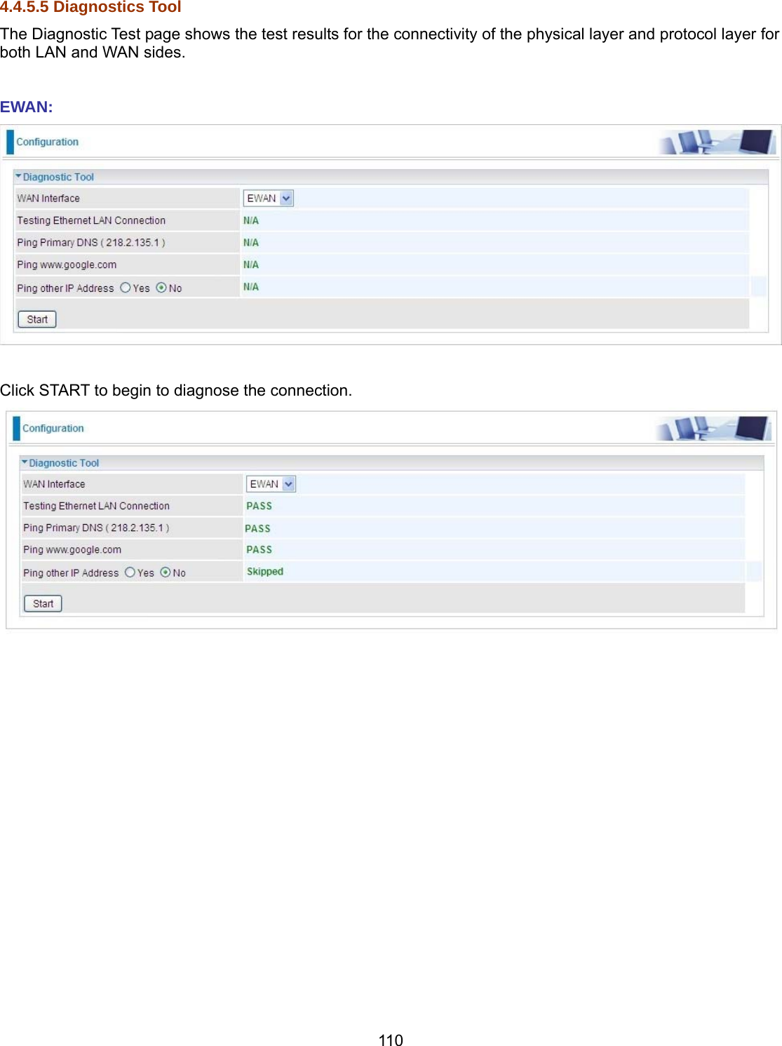 110 4.4.5.5 Diagnostics Tool The Diagnostic Test page shows the test results for the connectivity of the physical layer and protocol layer for both LAN and WAN sides.  EWAN:   Click START to begin to diagnose the connection.                