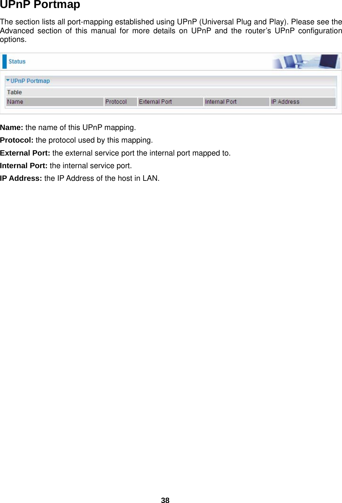  38 UPnP Portmap The section lists all port-mapping established using UPnP (Universal Plug and Play). Please see the Advanced section of this manual for more details on UPnP and the router’s UPnP configuration options.     Name: the name of this UPnP mapping. Protocol: the protocol used by this mapping. External Port: the external service port the internal port mapped to. Internal Port: the internal service port. IP Address: the IP Address of the host in LAN.  