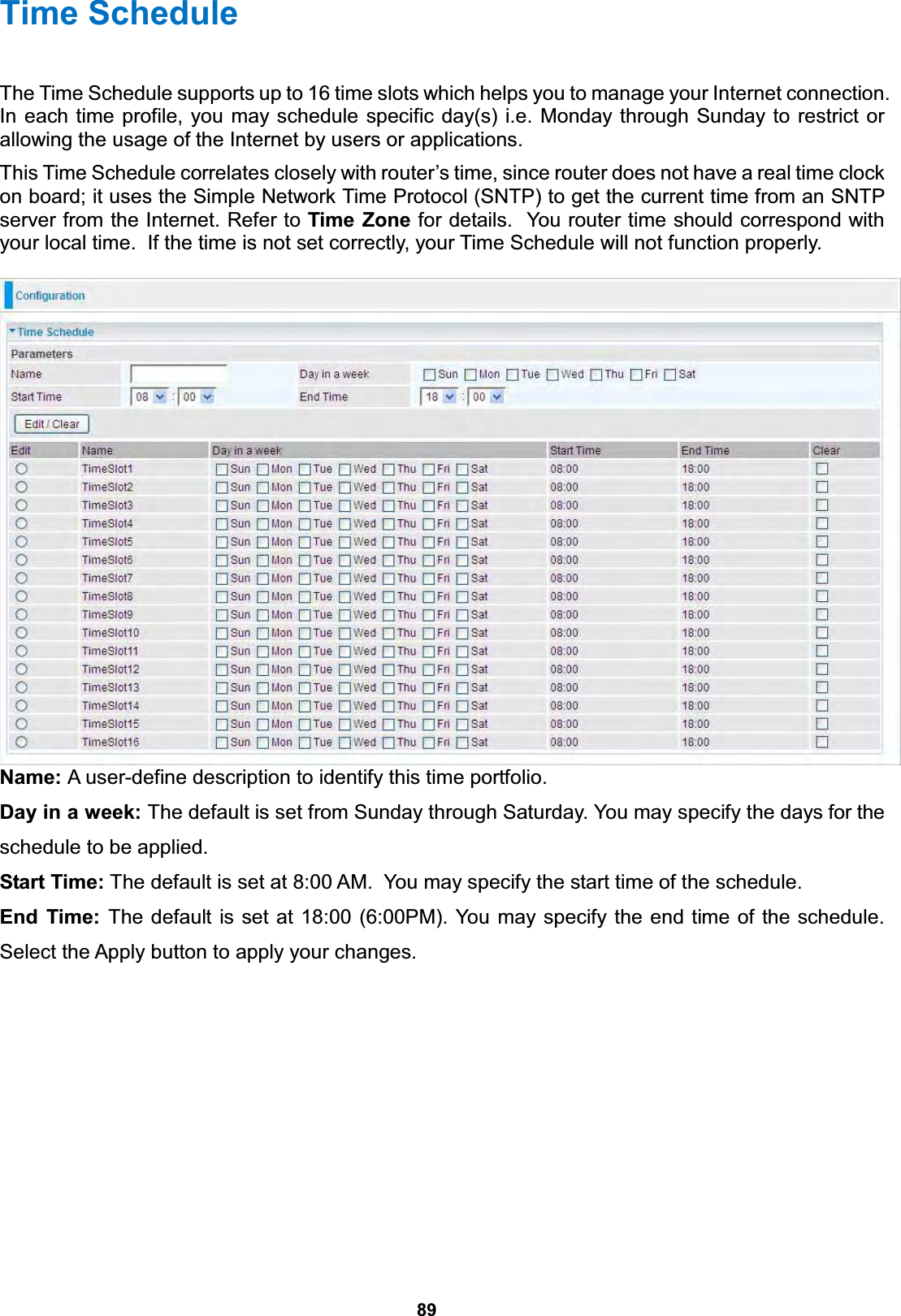  89 Time Schedule The Time Schedule supports up to 16 time slots which helps you to manage your Internet connection.  In each time profile, you may schedule specific day(s) i.e. Monday through Sunday to restrict or allowing the usage of the Internet by users or applications.   This Time Schedule correlates closely with router’s time, since router does not have a real time clock on board; it uses the Simple Network Time Protocol (SNTP) to get the current time from an SNTP server from the Internet. Refer to Time Zone for details.  You router time should correspond with your local time.  If the time is not set correctly, your Time Schedule will not function properly.   Name: A user-define description to identify this time portfolio. Day in a week: The default is set from Sunday through Saturday. You may specify the days for the schedule to be applied. Start Time: The default is set at 8:00 AM.  You may specify the start time of the schedule. End Time: The default is set at 18:00 (6:00PM). You may specify the end time of the schedule. Select the Apply button to apply your changes.  