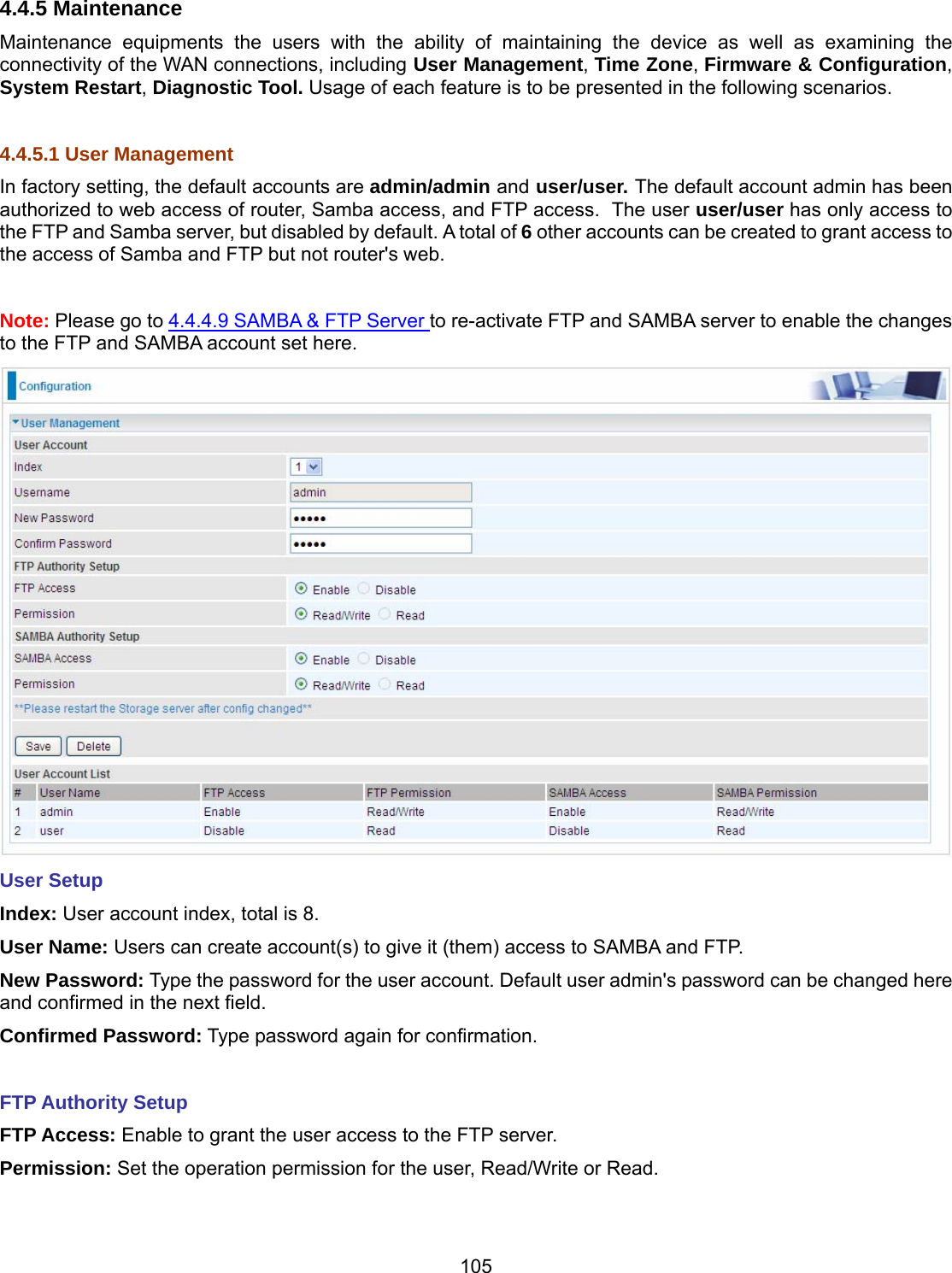 105 4.4.5 Maintenance Maintenance equipments the users with the ability of maintaining the device as well as examining the connectivity of the WAN connections, including User Management, Time Zone, Firmware &amp; Configuration, System Restart, Diagnostic Tool. Usage of each feature is to be presented in the following scenarios.  4.4.5.1 User Management  In factory setting, the default accounts are admin/admin and user/user. The default account admin has been authorized to web access of router, Samba access, and FTP access.  The user user/user has only access to the FTP and Samba server, but disabled by default. A total of 6 other accounts can be created to grant access to the access of Samba and FTP but not router&apos;s web.  Note: Please go to 4.4.4.9 SAMBA &amp; FTP Server to re-activate FTP and SAMBA server to enable the changes to the FTP and SAMBA account set here.   User Setup Index: User account index, total is 8. User Name: Users can create account(s) to give it (them) access to SAMBA and FTP.  New Password: Type the password for the user account. Default user admin&apos;s password can be changed here and confirmed in the next field. Confirmed Password: Type password again for confirmation.  FTP Authority Setup FTP Access: Enable to grant the user access to the FTP server. Permission: Set the operation permission for the user, Read/Write or Read.  