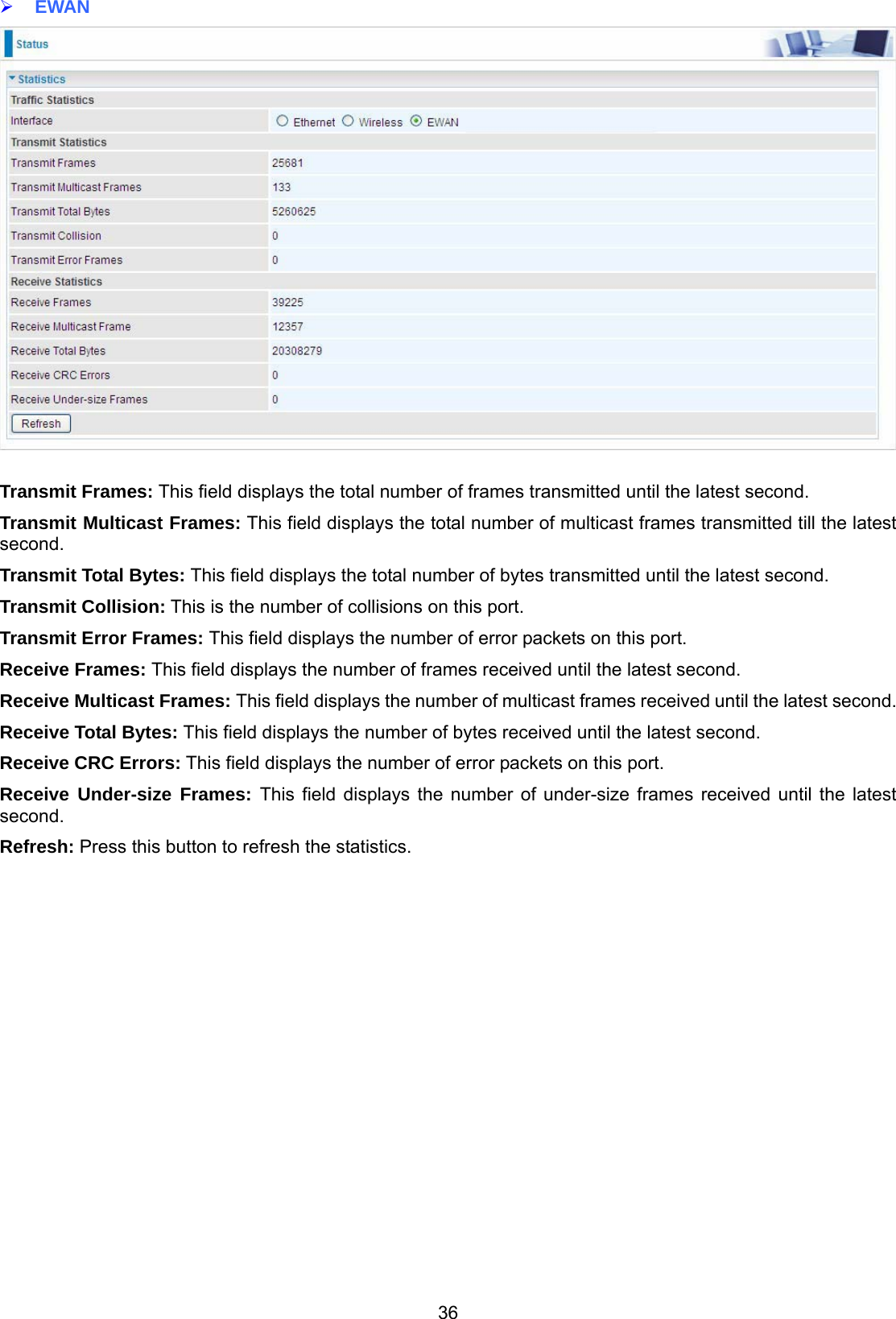 36  EWAN    Transmit Frames: This field displays the total number of frames transmitted until the latest second. Transmit Multicast Frames: This field displays the total number of multicast frames transmitted till the latest second. Transmit Total Bytes: This field displays the total number of bytes transmitted until the latest second. Transmit Collision: This is the number of collisions on this port. Transmit Error Frames: This field displays the number of error packets on this port. Receive Frames: This field displays the number of frames received until the latest second. Receive Multicast Frames: This field displays the number of multicast frames received until the latest second. Receive Total Bytes: This field displays the number of bytes received until the latest second. Receive CRC Errors: This field displays the number of error packets on this port. Receive Under-size Frames: This field displays the number of under-size frames received until the latest second. Refresh: Press this button to refresh the statistics.                     