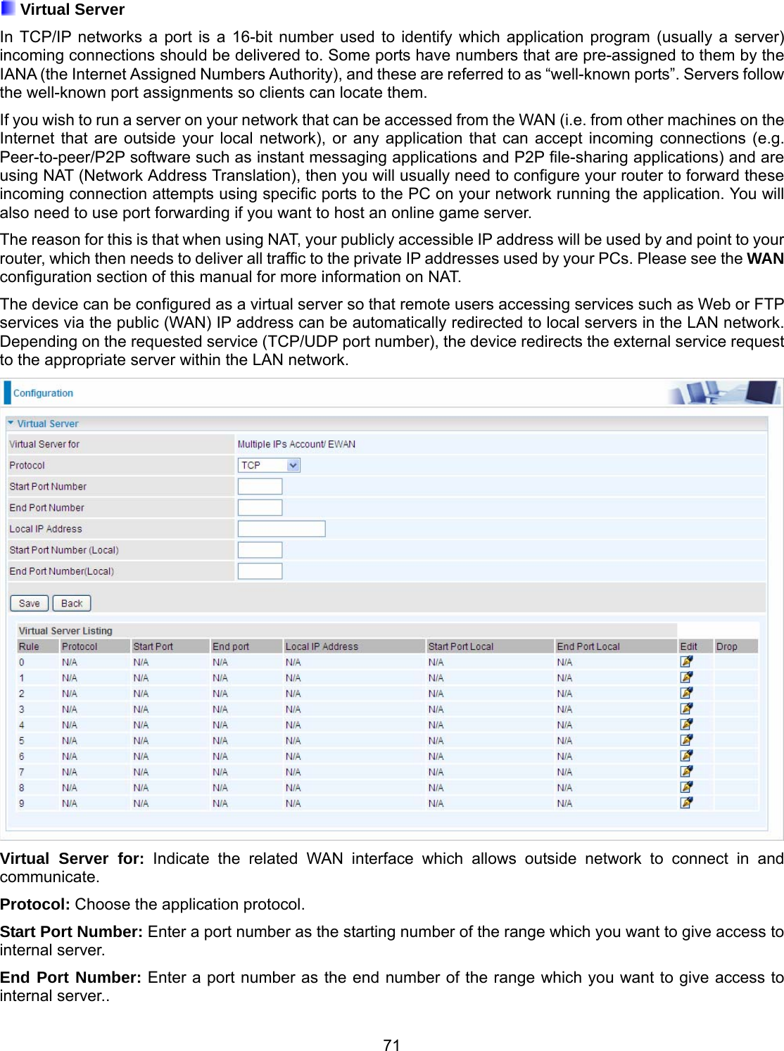 71  Virtual Server In TCP/IP networks a port is a 16-bit number used to identify which application program (usually a server) incoming connections should be delivered to. Some ports have numbers that are pre-assigned to them by the IANA (the Internet Assigned Numbers Authority), and these are referred to as “well-known ports”. Servers follow the well-known port assignments so clients can locate them. If you wish to run a server on your network that can be accessed from the WAN (i.e. from other machines on the Internet that are outside your local network), or any application that can accept incoming connections (e.g. Peer-to-peer/P2P software such as instant messaging applications and P2P file-sharing applications) and are using NAT (Network Address Translation), then you will usually need to configure your router to forward these incoming connection attempts using specific ports to the PC on your network running the application. You will also need to use port forwarding if you want to host an online game server. The reason for this is that when using NAT, your publicly accessible IP address will be used by and point to your router, which then needs to deliver all traffic to the private IP addresses used by your PCs. Please see the WAN configuration section of this manual for more information on NAT. The device can be configured as a virtual server so that remote users accessing services such as Web or FTP services via the public (WAN) IP address can be automatically redirected to local servers in the LAN network. Depending on the requested service (TCP/UDP port number), the device redirects the external service request to the appropriate server within the LAN network.  Virtual Server for: Indicate the related WAN interface which allows outside network to connect in and communicate. Protocol: Choose the application protocol. Start Port Number: Enter a port number as the starting number of the range which you want to give access to internal server. End Port Number: Enter a port number as the end number of the range which you want to give access to internal server.. 