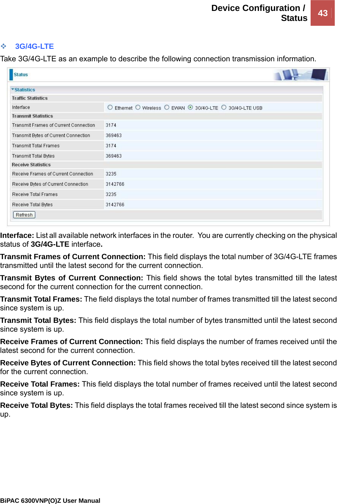  Device Configuration / Status 43                                                BiPAC 6300VNP(O)Z User Manual    3G/4G-LTE Take 3G/4G-LTE as an example to describe the following connection transmission information.  Interface: List all available network interfaces in the router.  You are currently checking on the physical status of 3G/4G-LTE interface.  Transmit Frames of Current Connection: This field displays the total number of 3G/4G-LTE frames transmitted until the latest second for the current connection. Transmit Bytes of Current Connection: This field shows the total bytes transmitted till the latest second for the current connection for the current connection. Transmit Total Frames: The field displays the total number of frames transmitted till the latest second since system is up. Transmit Total Bytes: This field displays the total number of bytes transmitted until the latest second since system is up. Receive Frames of Current Connection: This field displays the number of frames received until the latest second for the current connection. Receive Bytes of Current Connection: This field shows the total bytes received till the latest second for the current connection. Receive Total Frames: This field displays the total number of frames received until the latest second since system is up. Receive Total Bytes: This field displays the total frames received till the latest second since system is up. 