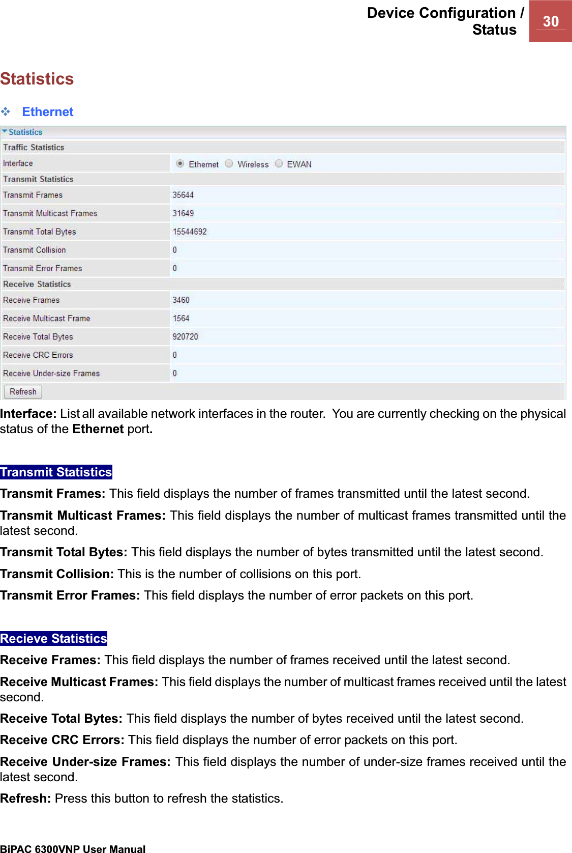 Device Configuration /Status  30BiPAC 6300VNP User Manual                                               Statistics EthernetInterface: List all available network interfaces in the router.  You are currently checking on the physical status of the Ethernet port.Transmit Statistics Transmit Frames: This field displays the number of frames transmitted until the latest second.Transmit Multicast Frames: This field displays the number of multicast frames transmitted until the latest second.Transmit Total Bytes: This field displays the number of bytes transmitted until the latest second.Transmit Collision: This is the number of collisions on this port.Transmit Error Frames: This field displays the number of error packets on this port. Recieve Statistics Receive Frames: This field displays the number of frames received until the latest second.Receive Multicast Frames: This field displays the number of multicast frames received until the latest second.Receive Total Bytes: This field displays the number of bytes received until the latest second.Receive CRC Errors: This field displays the number of error packets on this port.Receive Under-size Frames: This field displays the number of under-size frames received until the latest second.Refresh: Press this button to refresh the statistics. 