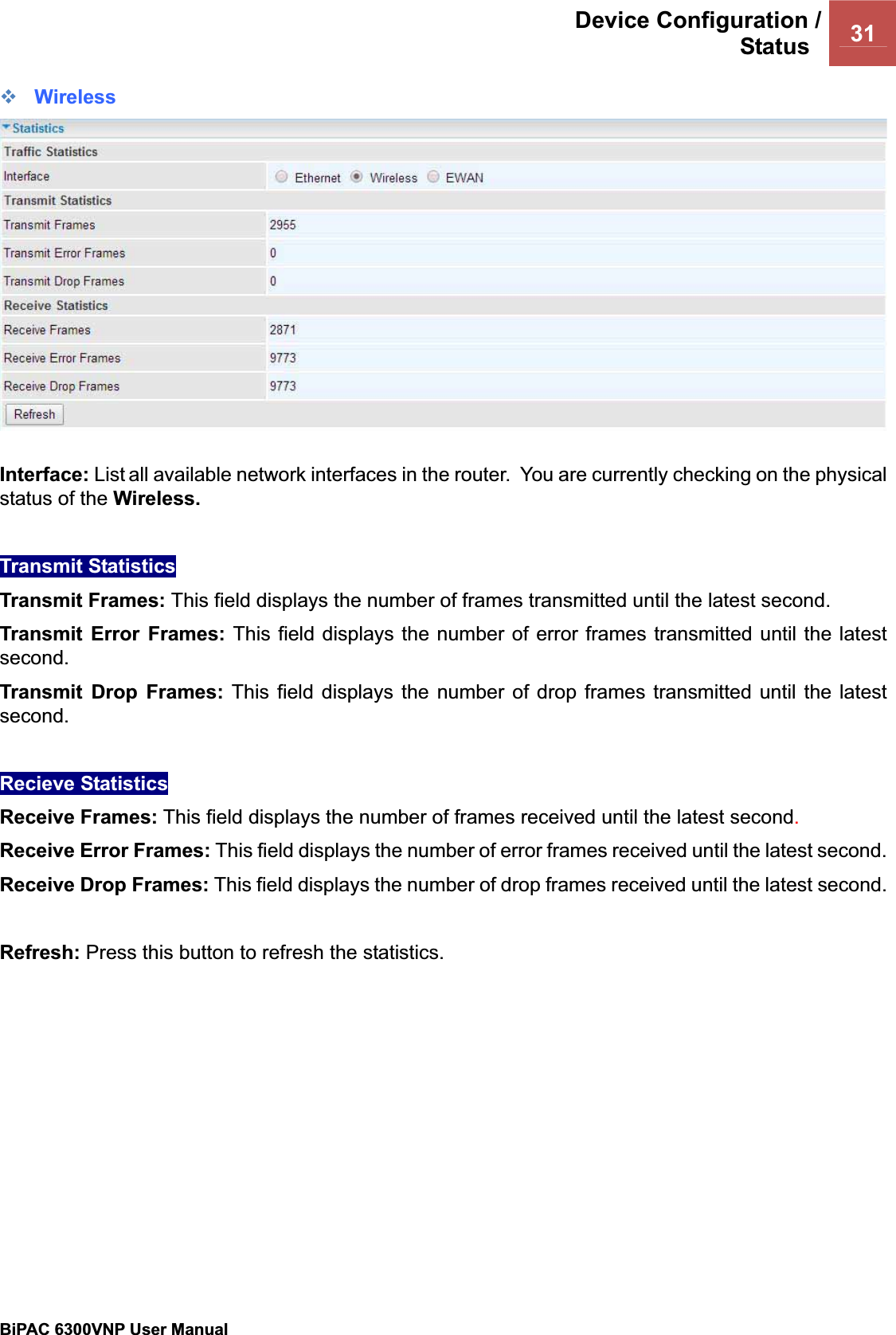 Device Configuration /Status  31BiPAC 6300VNP User Manual                                               Wireless Interface: List all available network interfaces in the router.  You are currently checking on the physical status of the Wireless.  Transmit Statistics Transmit Frames: This field displays the number of frames transmitted until the latest second. Transmit Error Frames: This field displays the number of error frames transmitted until the latest second.Transmit Drop Frames: This field displays the number of drop frames transmitted until the latest second.Recieve Statistics Receive Frames: This field displays the number of frames received until the latest second.Receive Error Frames: This field displays the number of error frames received until the latest second. Receive Drop Frames: This field displays the number of drop frames received until the latest second. Refresh: Press this button to refresh the statistics. 