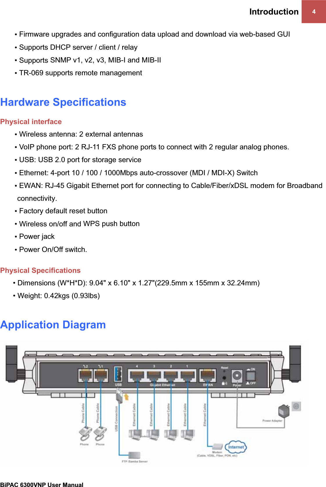 Introduction 4BiPAC 6300VNP User Manual                                               •Firmware upgrades and configuration data upload and download via web-based GUI •Supports DHCP server / client / relay • Supports SNMP v1, v2, v3, MIB-I and MIB-II •TR-069 supports remote management Hardware Specifications Physical interface •Wireless antenna: 2 external antennas•VoIP phone port: 2 RJ-11 FXS phone ports to connect with 2 regular analog phones.  •USB: USB 2.0 port for storage service•Ethernet: 4-port 10 / 100 / 1000Mbps auto-crossover (MDI / MDI-X) Switch •EWAN: RJ-45 Gigabit Ethernet port for connecting to Cable/Fiber/xDSL modem for Broadband connectivity. •Factory default reset button • Wireless on/off and WPS push button•Power jack•Power On/Off switch.  Physical Specifications • Dimensions (W*H*D): 9.04&quot; x 6.10&quot; x 1.27&quot;(229.5mm x 155mm x 32.24mm) • Weight: 0.42kgs (0.93lbs) Application Diagram 